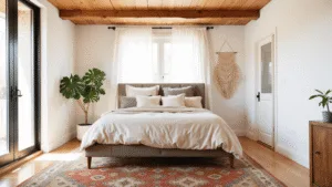 "Serene master bedroom with king-size bed, plush cream linens, wooden ceiling, vintage Moroccan rug, potted fiddle leaf fig, and handwoven wall hanging in warm morning light"