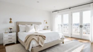 "Sunlit serene white bedroom with textured linens, brass accents, marble nightstands, and oak flooring"
