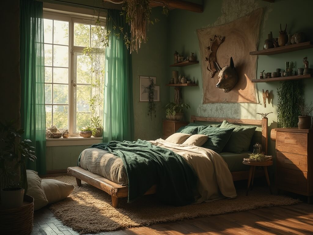 "Mystical bedroom sanctuary with natural elements, wolf mask art, crystal collection, and meditation corner in warm, golden hour sunlight."