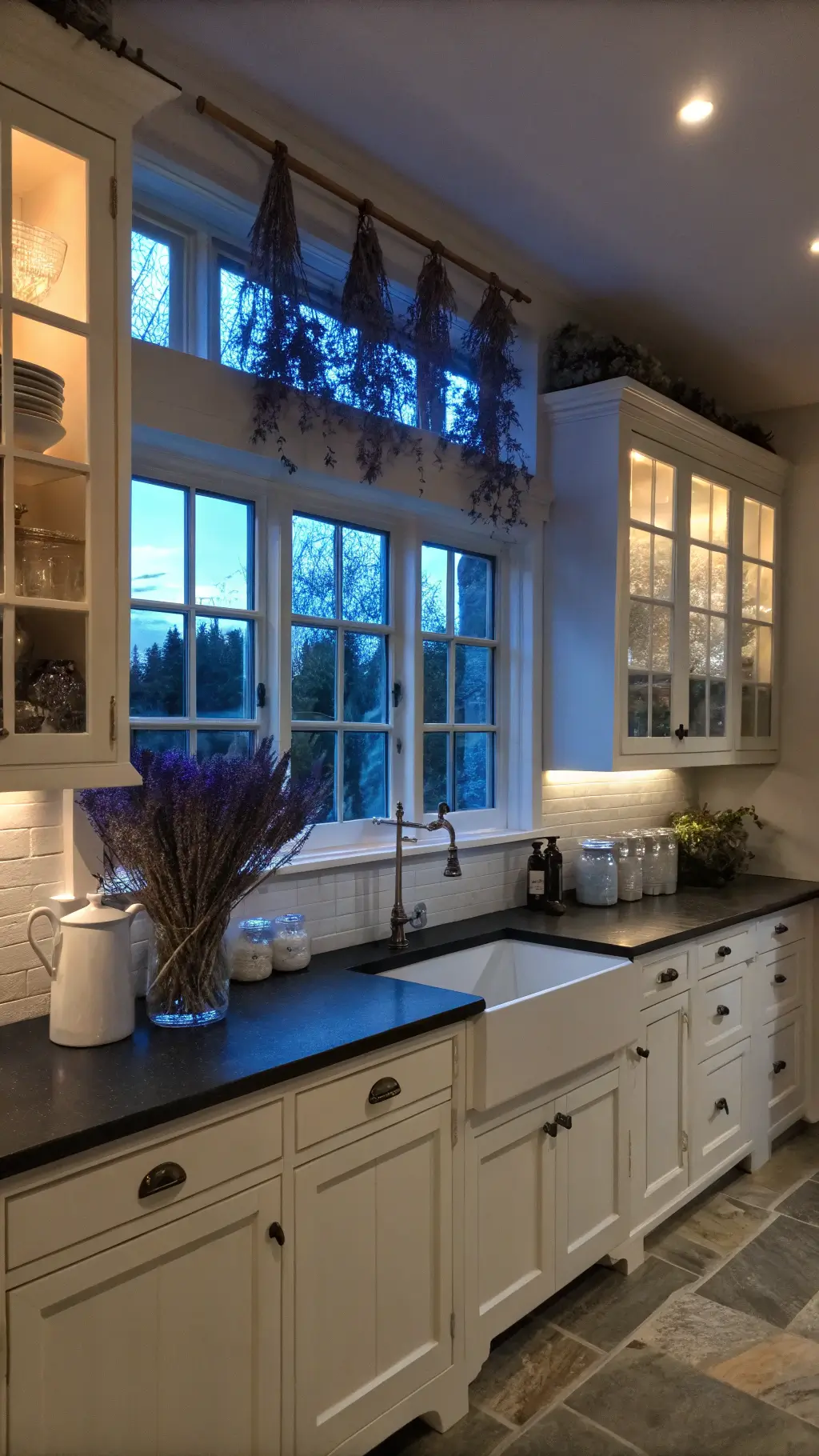Cozy 12x14ft kitchen in soft twilight with white cabinets, dark soapstone counters, a collection of white pitchers on open shelving, dried lavender bundles hanging from exposed beams and lighting from the cool natural light and warm under-cabinet lighting.