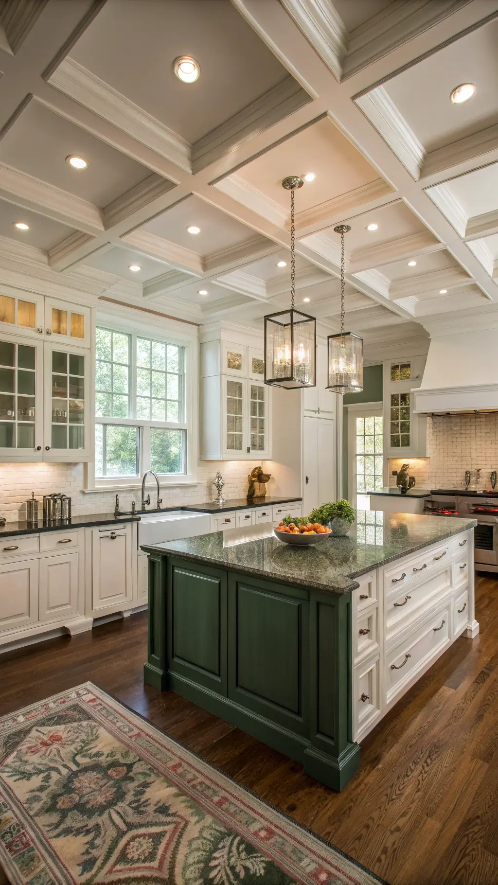 Spacious updated traditional farmhouse kitchen with coffered ceiling, white cabinets with nickel bin pulls, illuminated glass-front upper cabinets, a deep forest green center island, a vintage runner on oak floors, and professional lighting that embellishes architectural details.