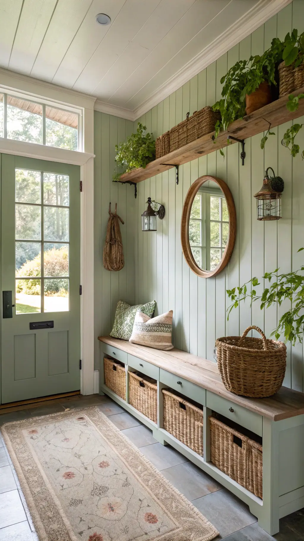Elegant farmhouse entryway with sage green botanical wallpaper, natural wood bench with storage baskets, oversized oval mirror, and weathered terracotta pots with English ivy on shelves, illuminated by mid-morning sunlight from transom windows.