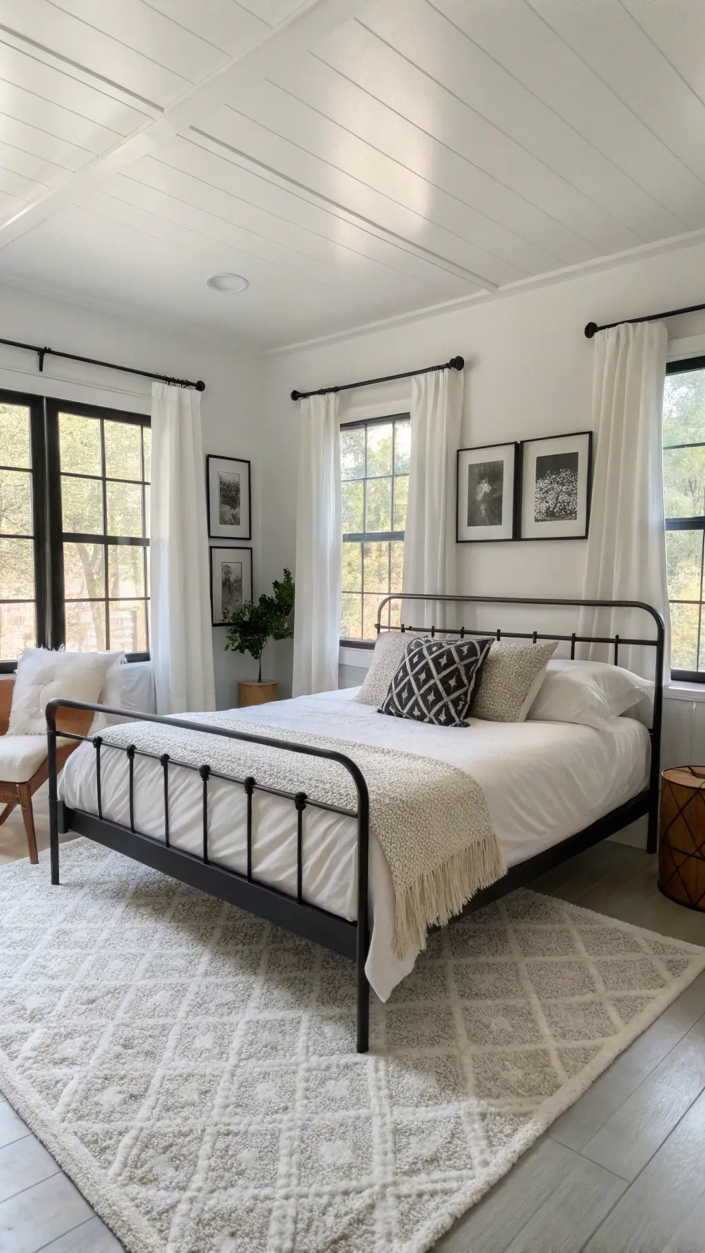 Minimalist 12x14ft bedroom illuminated by afternoon light, featuring a matte black platform bed with white bedding, geometric black pillows, floor-to-ceiling white drapes, black-trimmed windows, abstract black and white wall art, and a textured white boucle chair.