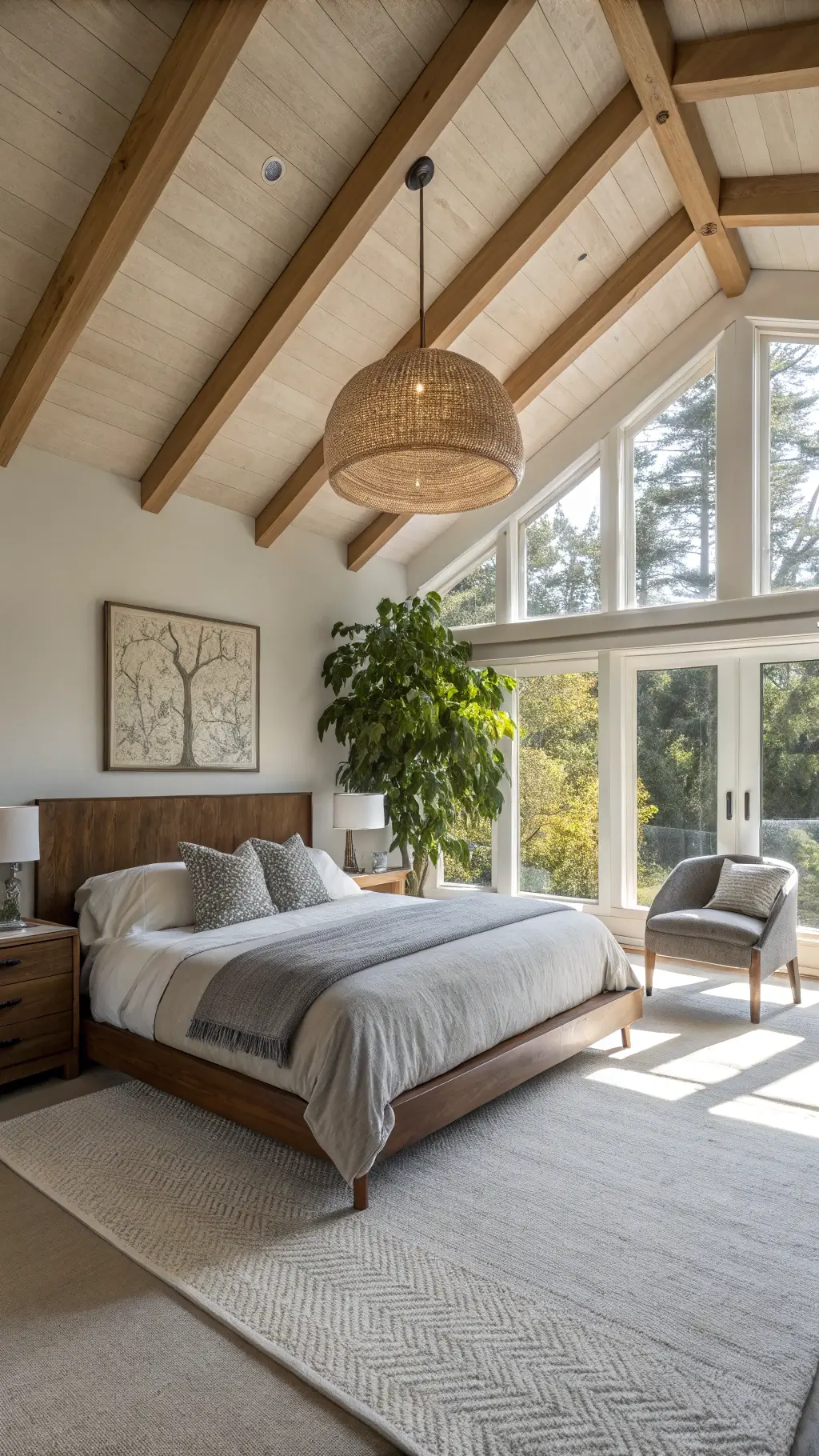 Spacious, sunlit primary bedroom with exposed wooden beams, walnut platform bed, rattan pendant lamp, bouclé accent chair and fiddle leaf fig plant.