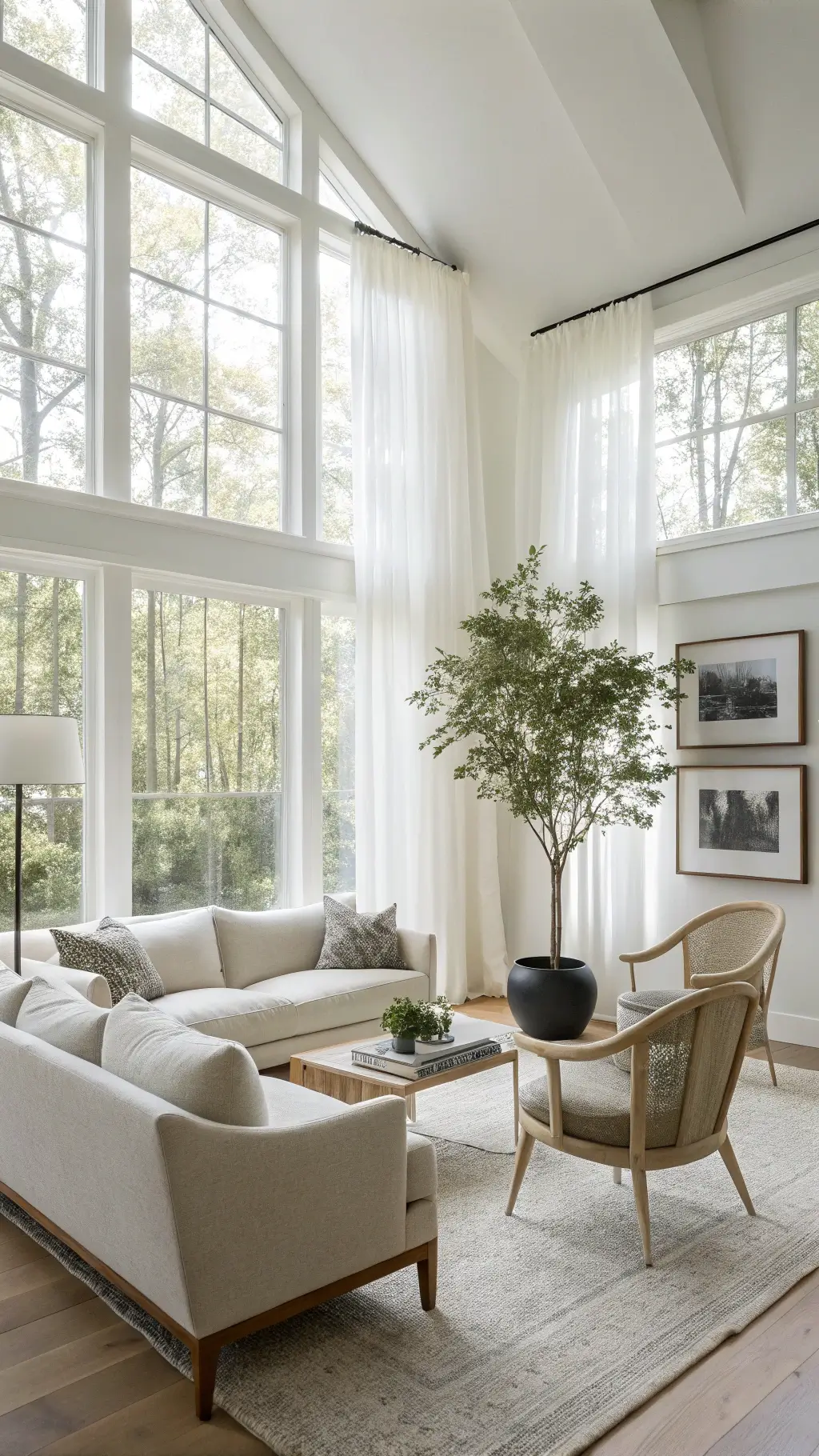 Bright, spacious 18'x24' Scandinavian-inspired living room with double-height windows, white drapes, pale ash wood frame sofa, two white bouclé chairs, oversized black and white artwork, potted olive tree, and wooden coffee table in morning light.