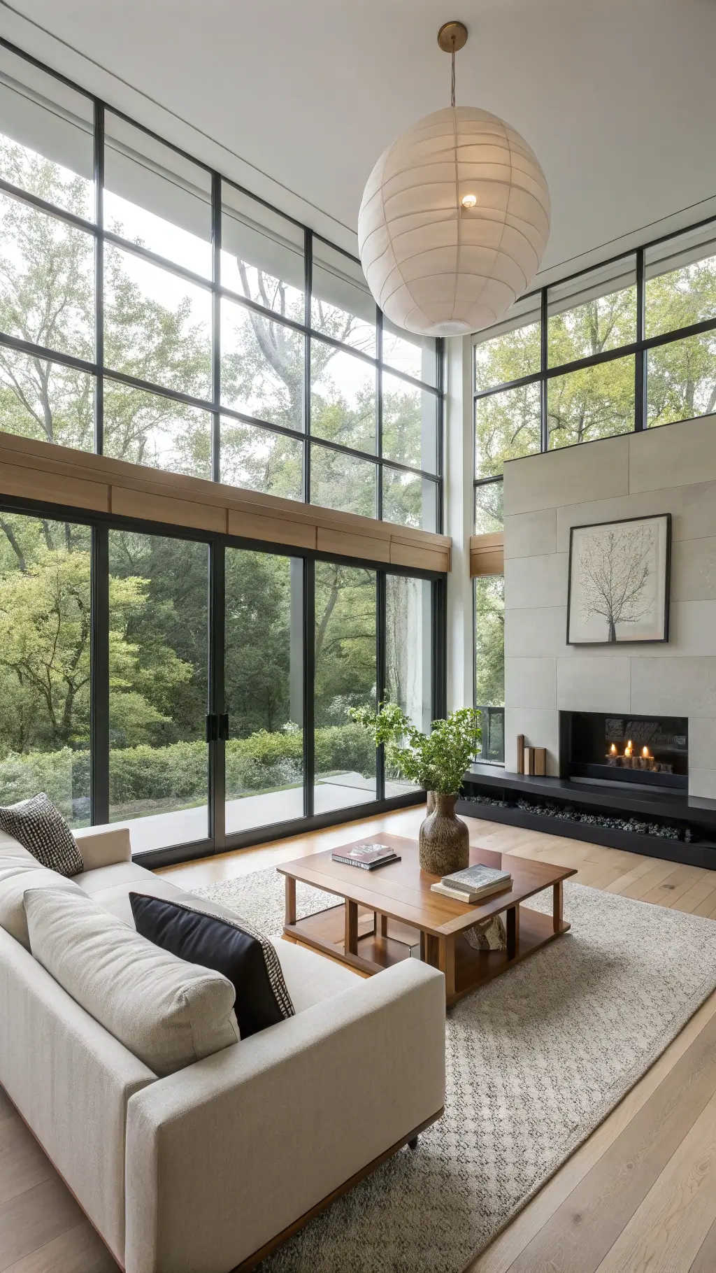 Serene living room with steel-framed windows, oatmeal linen sofa, black granite fireplace, wooden coffee table, floor cushions, pendant light, ikebana arrangement, and handcrafted ceramics basking in soft, northern light.