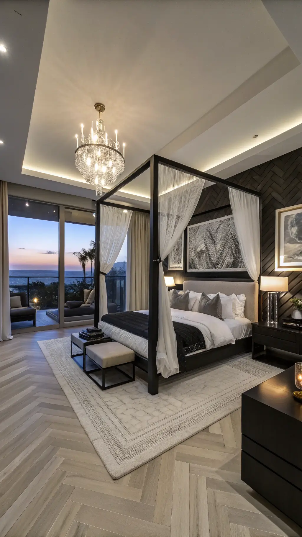 Primary bedroom at dusk featuring black canopy bed, white oak floors, statement abstract wall art and various lighting options, with a high-angle view emphasizing spatial arrangement and contrasting textures.