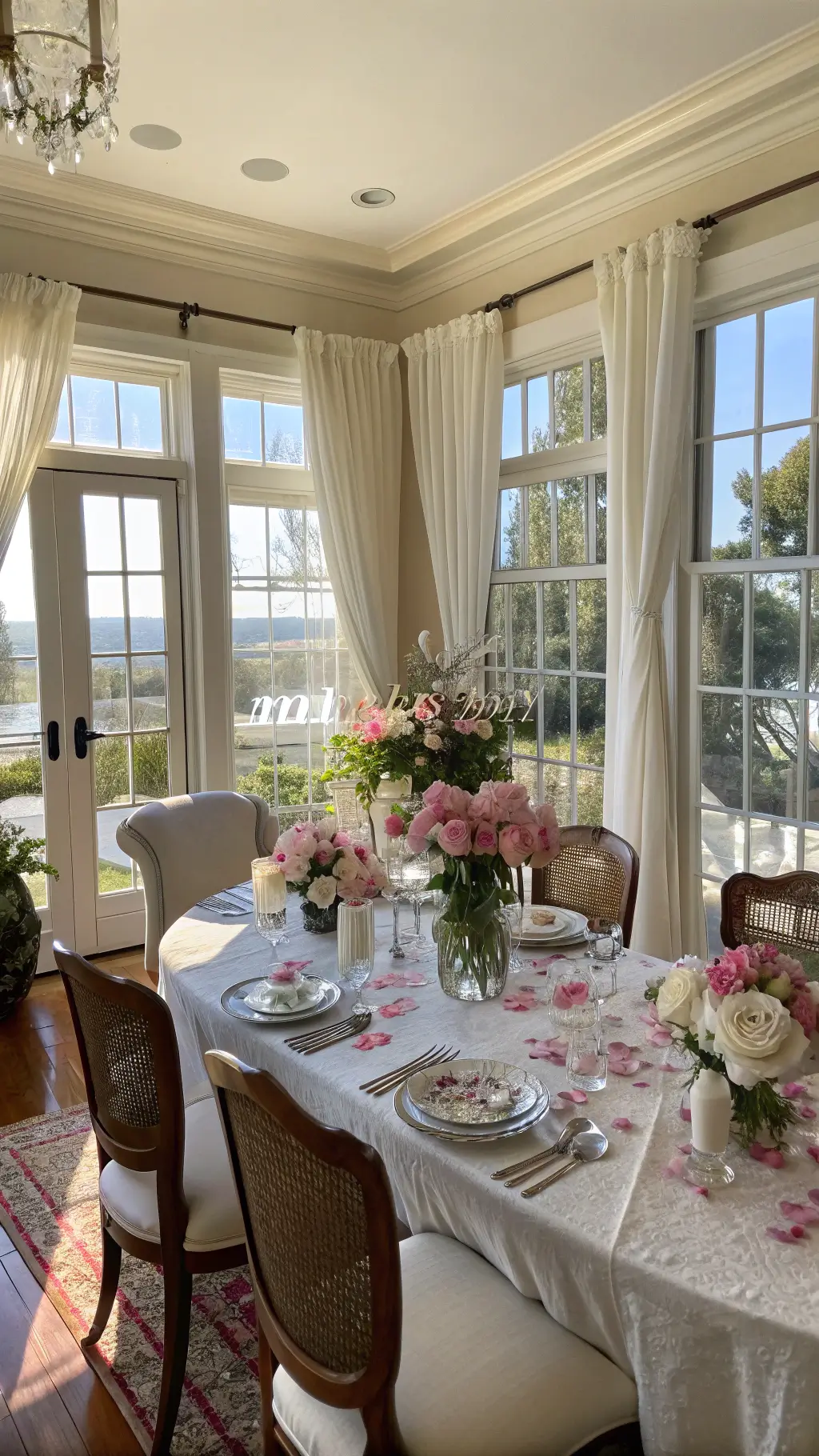 Sunlit dining room with a grand Mother's Day centerpiece on a walnut table, featuring cascading pink peonies and white tulips in a mercury glass vase, surrounded by silver chargers and cream linens with scattered rose petals, shot from the table's end for depth of field.