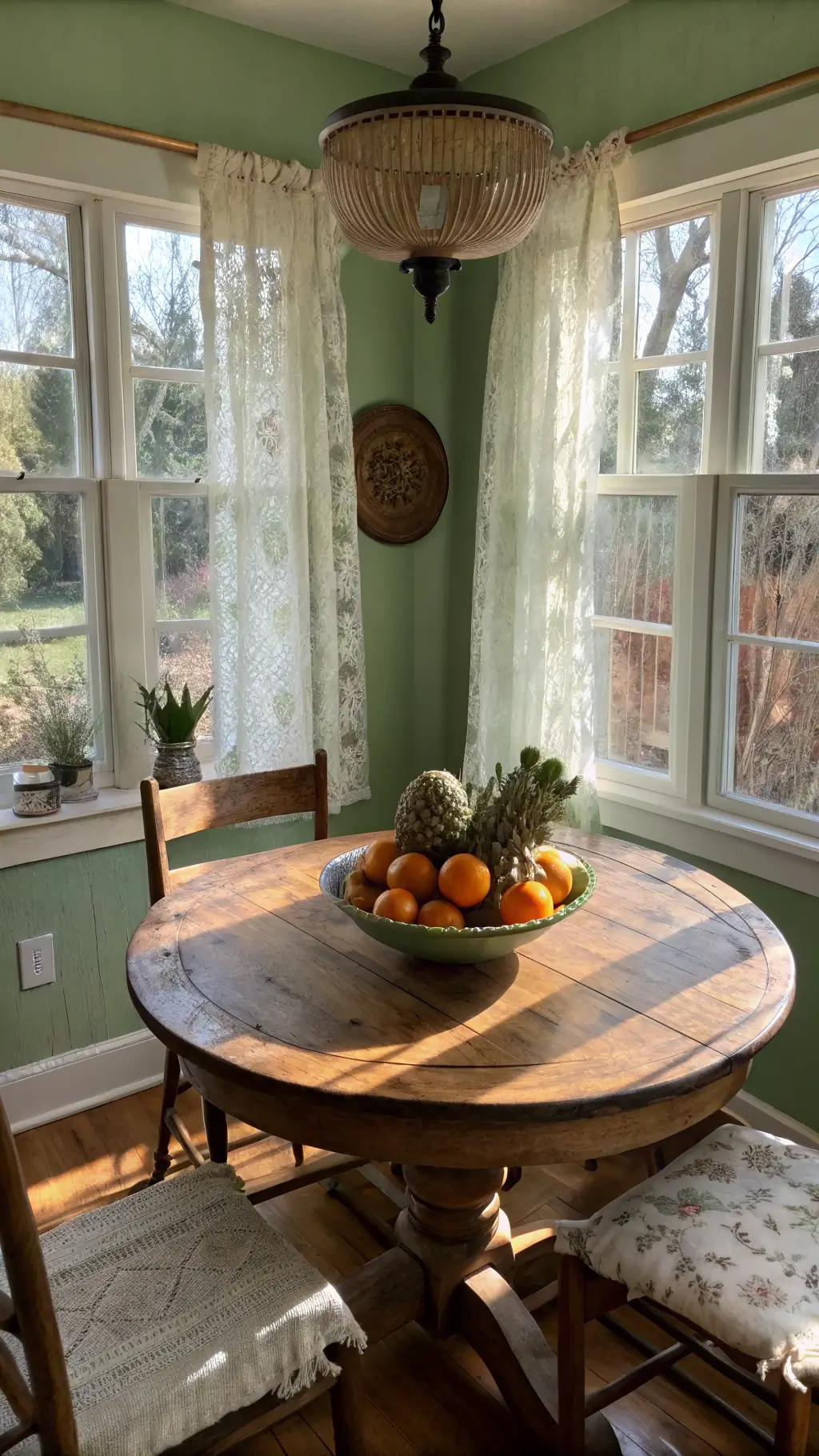Rustic-elegant breakfast nook with corner windows, farmhouse table featuring artichoke and citrus centerpiece in a copper bowl, under dappled afternoon light through lace curtains against sage green walls