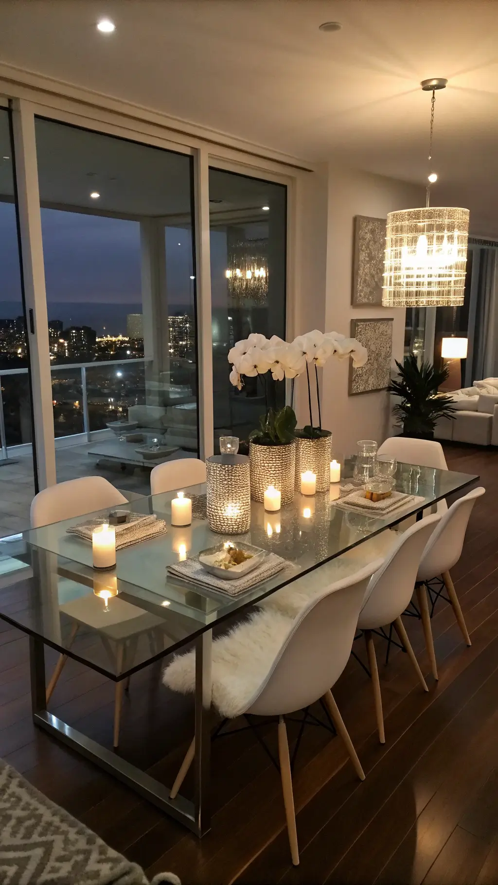 Romantic and sophisticated open-concept dining space with glass table decorated with mercury glass votives and metallic geometric vessels, reflecting warm LED candlelight onto dark walnut floors, accentuated by white orchids and enhanced by long exposure photography.