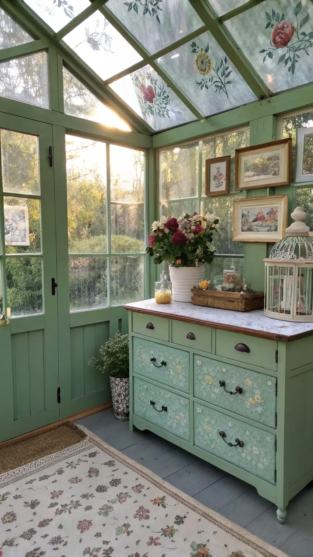 Vintage style garden room with greenhouse windows, repurposed dresser as buffet with handmade paper flowers in antique milk glass, prism effects from afternoon sun through crystal elements, botanical prints on sage walls in a whimsical vintage style with modern touches