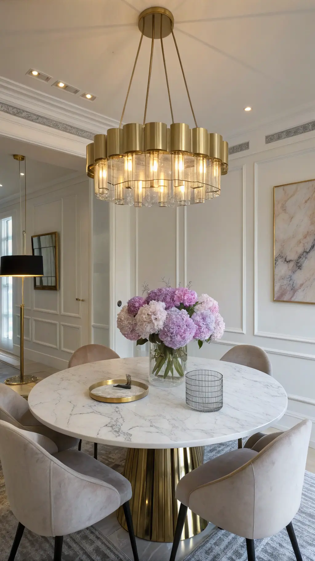Modern luxe dining space with chandelier, marble table, blush and lavender floating flowers in clear cube under soft golden hour light.