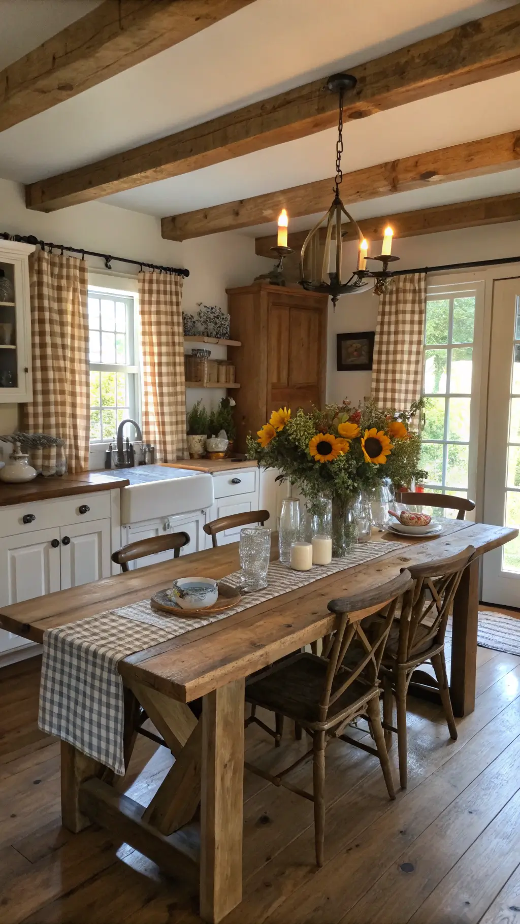 Elegant casual farmhouse kitchen with rustic harvest table, vintage mason jars, grocery store blooms centerpiece, gingham curtains, and warm wood tones, bathed in morning light
