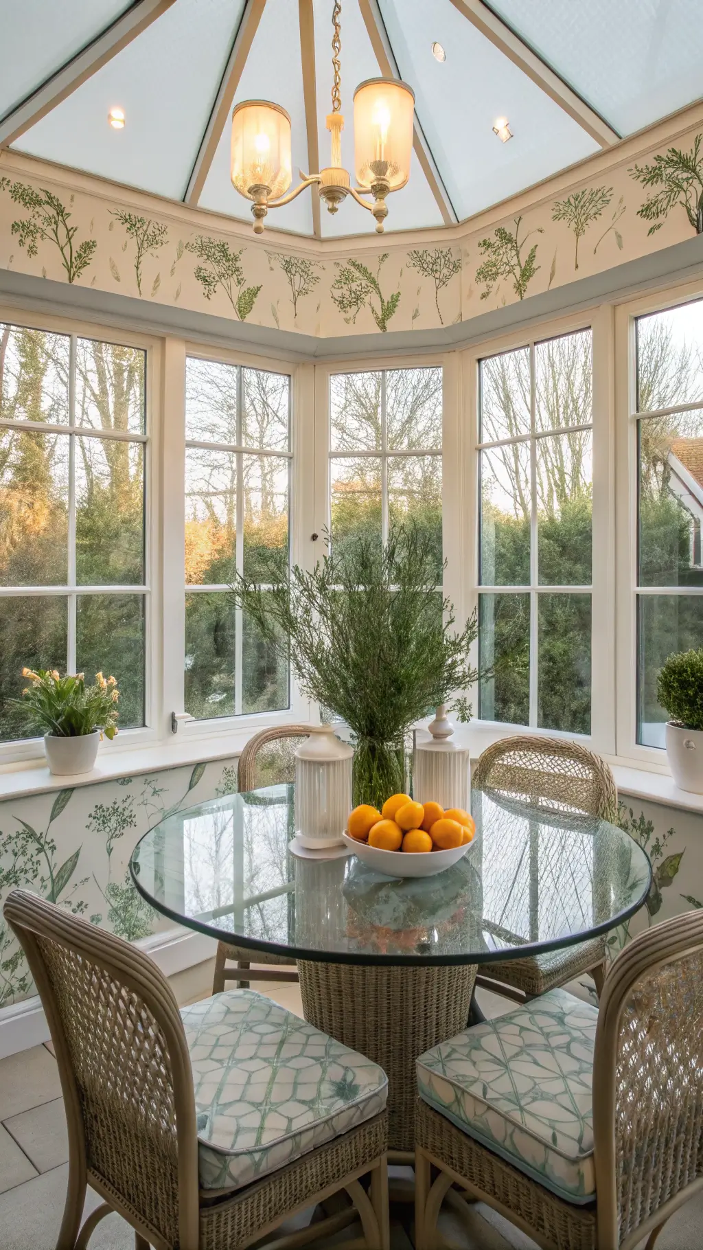 Top view of a spacious breakfast solarium with wraparound windows, glass-topped bistro table featuring citrus and herb arrangement in clear geometric vessels, illuminated by mid-morning sunlight, and decorated with modern botanical wallpaper.