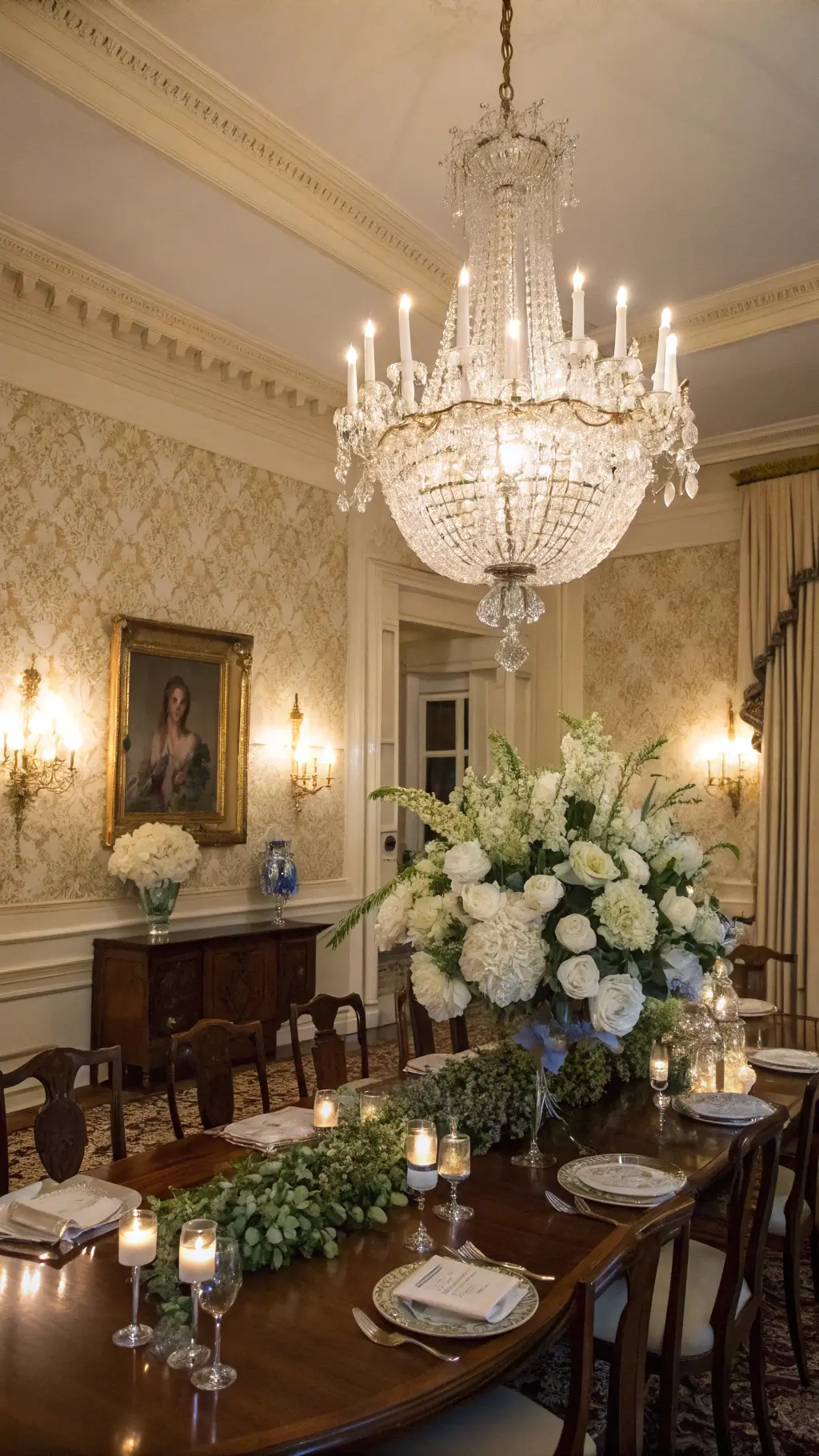 Elegant traditional formal dining room with cream and gold damask wallpaper, crystal chandelier, and mahogany table featuring a floral arrangement with white hydrangeas and silver dollar eucalyptus, illuminated by evening candlelight.