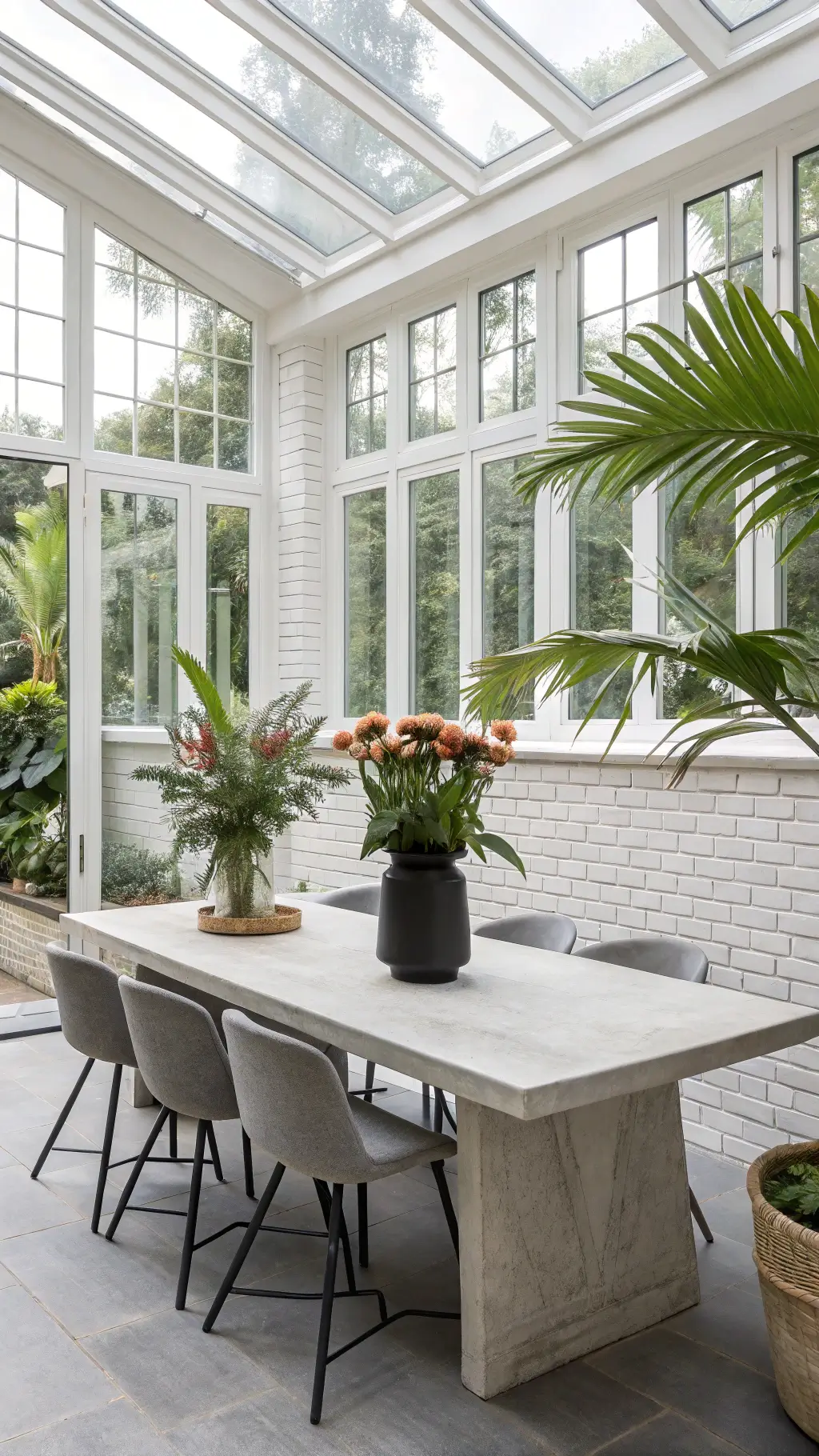 Contemporary organic luxury dining space in a modern conservatory with floor-to-ceiling windows, white brick backdrop and a concrete table with minimalist flower arrangements in matte black vessels, enhanced by natural light filtering through tropical plants.