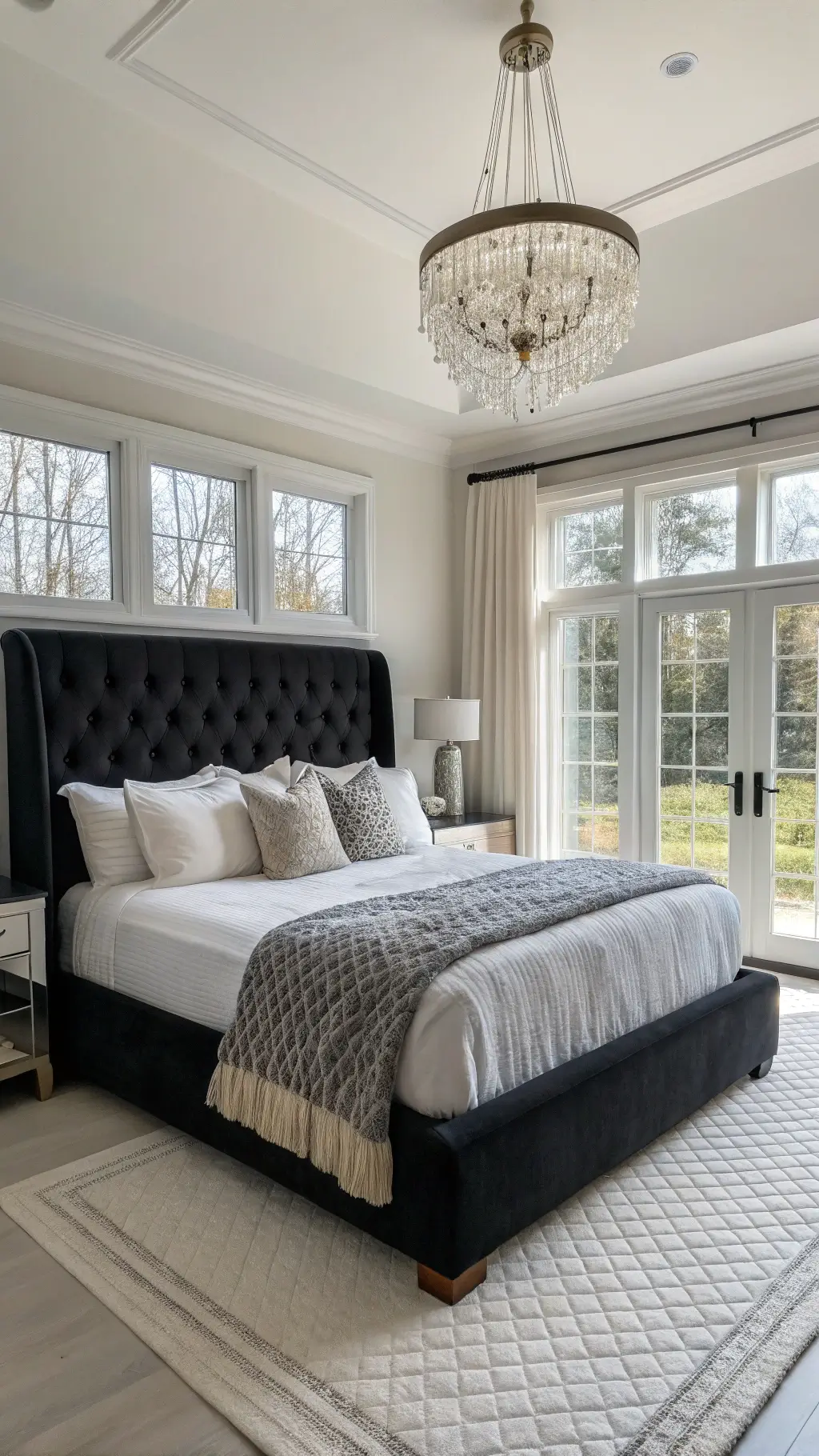 Sunlit spacious master bedroom with a grand black velvet-upholstered king bed against a white wall, adorned with white Egyptian cotton bedding, charcoal silk pillows, and an ivory chunky knit throw. Chrome crystal chandelier hangs above.