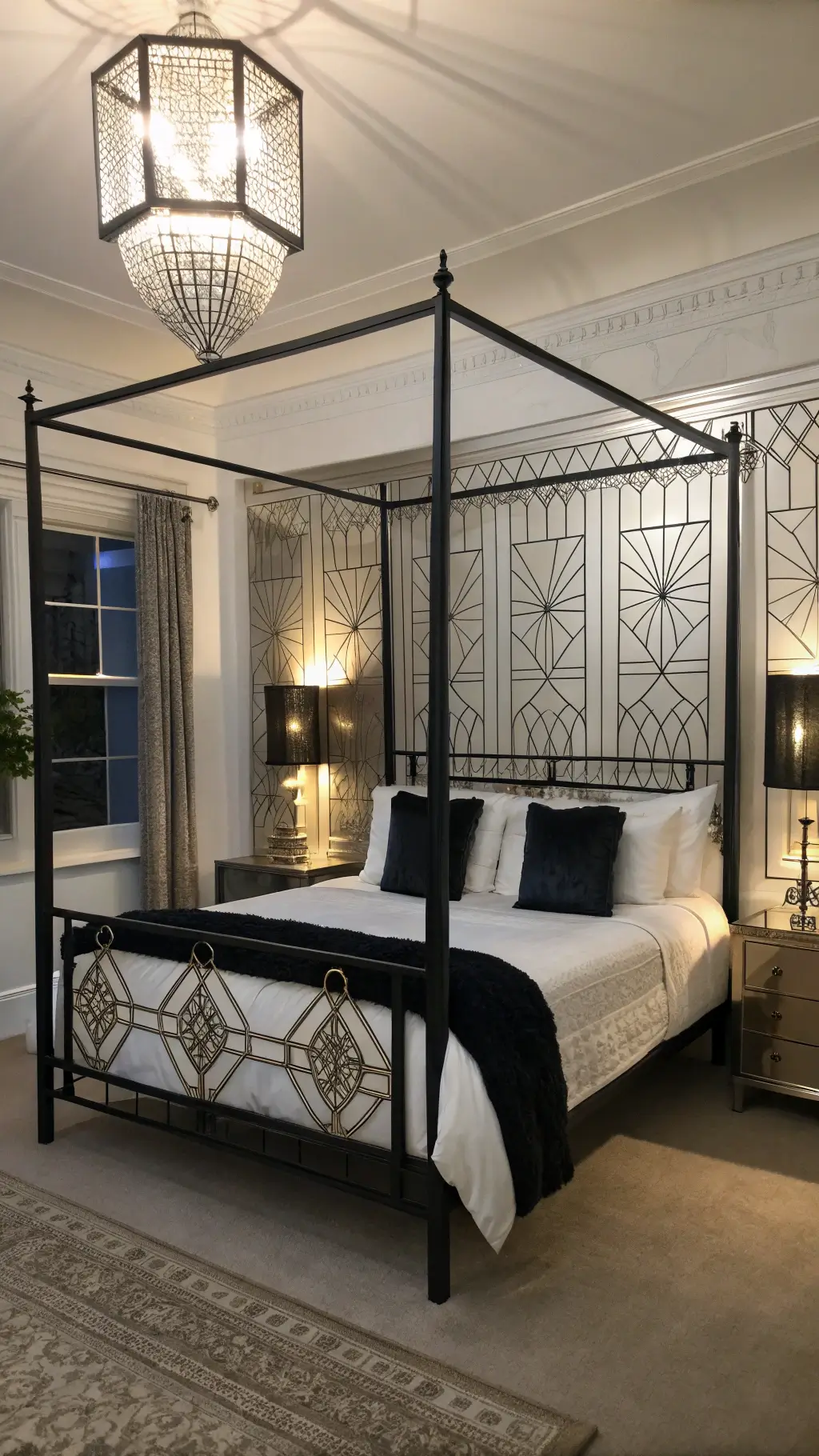 Art Deco-inspired bedroom at dusk with a black four-poster bed, white walls with metallic patterns, white sateen bedding, black velvet pillows and a symmetrical arrangement of crystal table lamps