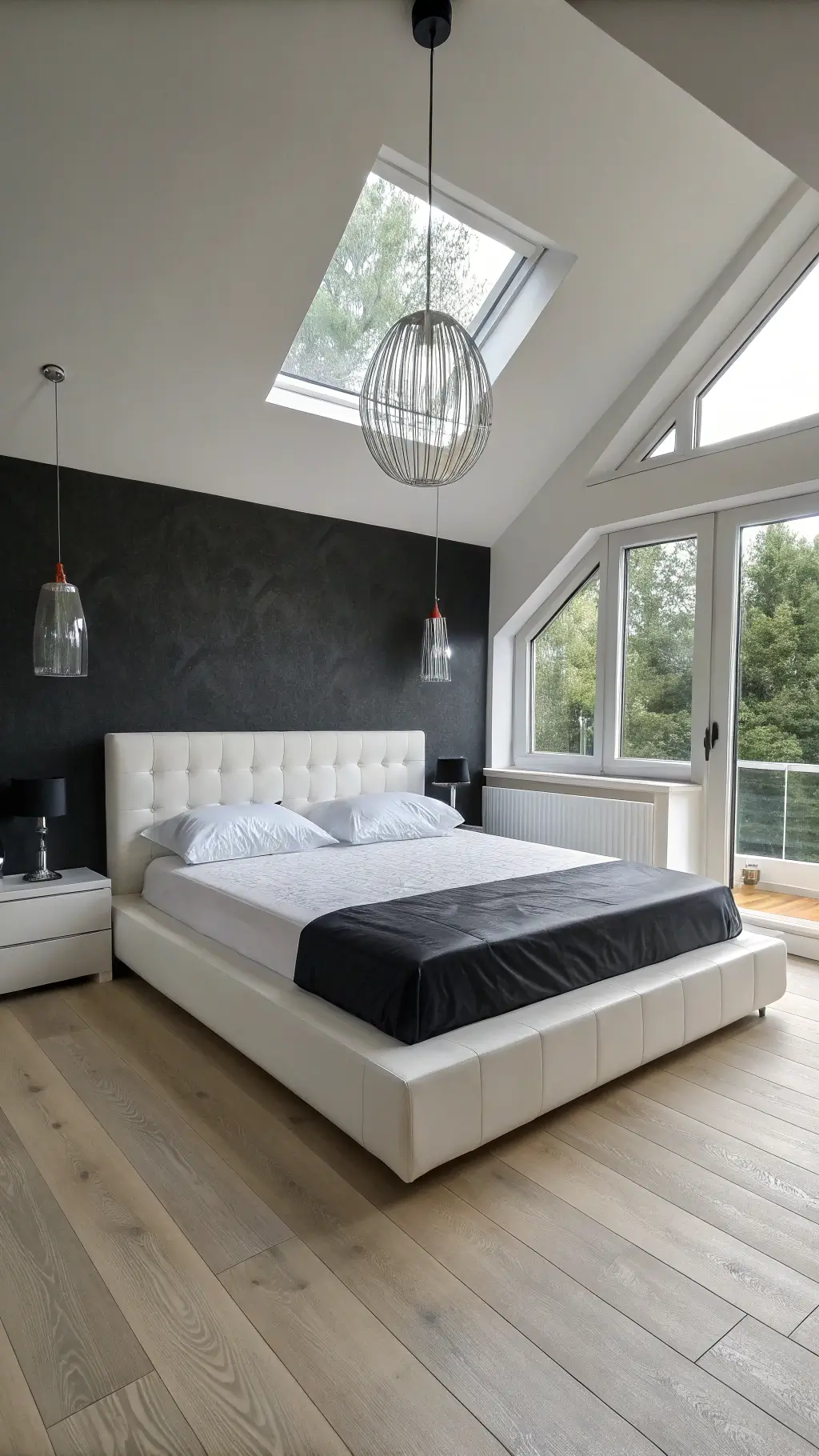 Minimalist bedroom with dark charcoal feature wall, white platform bed, black leather headboard, white oak flooring, and chrome pendant lights, illuminated by morning light through floor-to-ceiling windows.