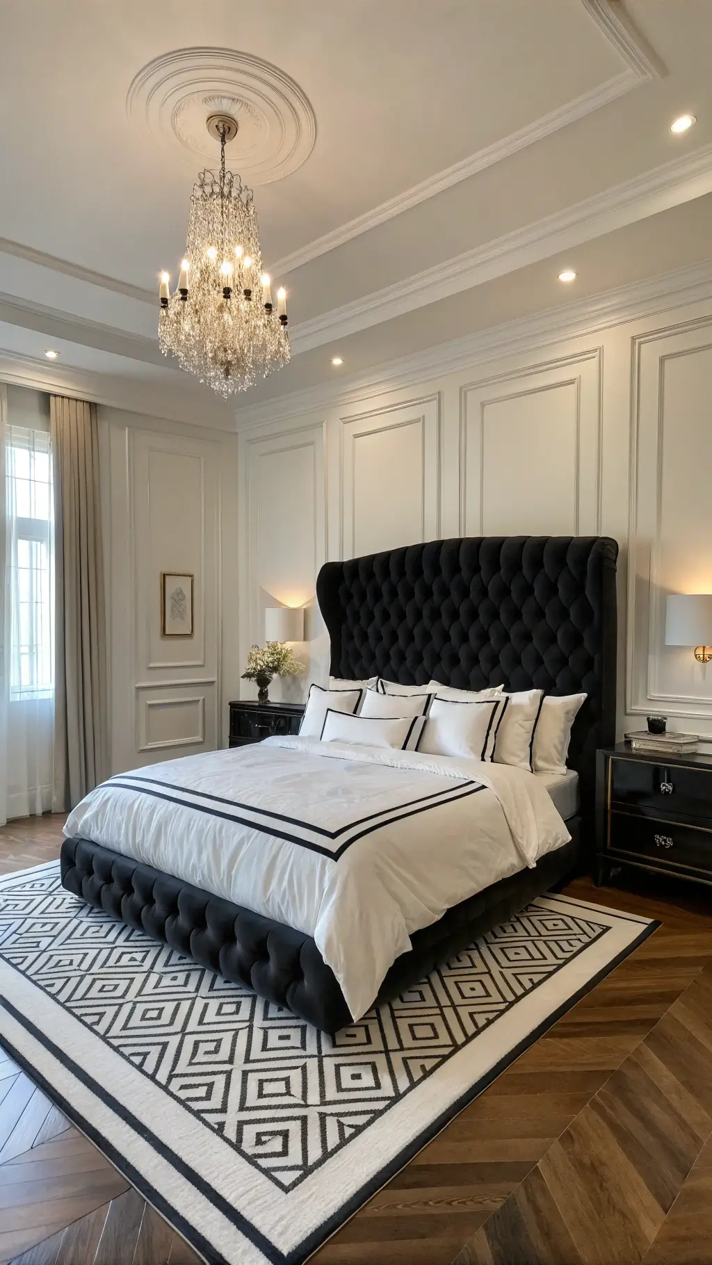Luxurious 16x20ft master suite at twilight with black velvet wingback headboard, white silk bedding, ethereal chandelier lighting against white walls and herringbone hardwood floor covered by a geometric rug.