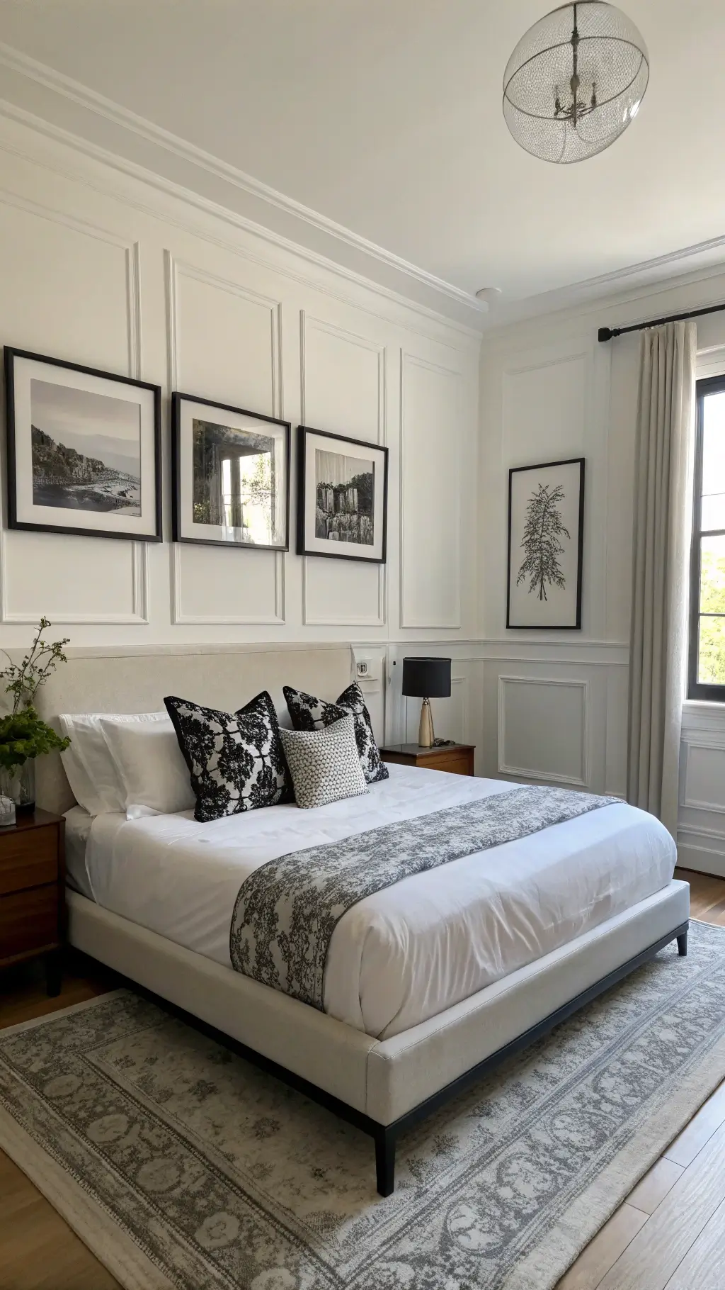 Modern 14x16ft bedroom with white walls, black picture rail molding, low-profile bed with white linens and black marble-print pillows, adorned with asymmetrical black and white photography, bathed in natural afternoon light.