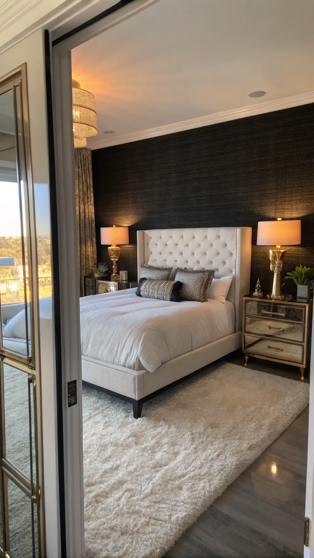 Glamorous sunset-lit 15x17ft bedroom with black grasscloth wallpaper, white upholstered bed, chrome and glass nightstands reflecting warm light, complemented by a soft white faux fur rug