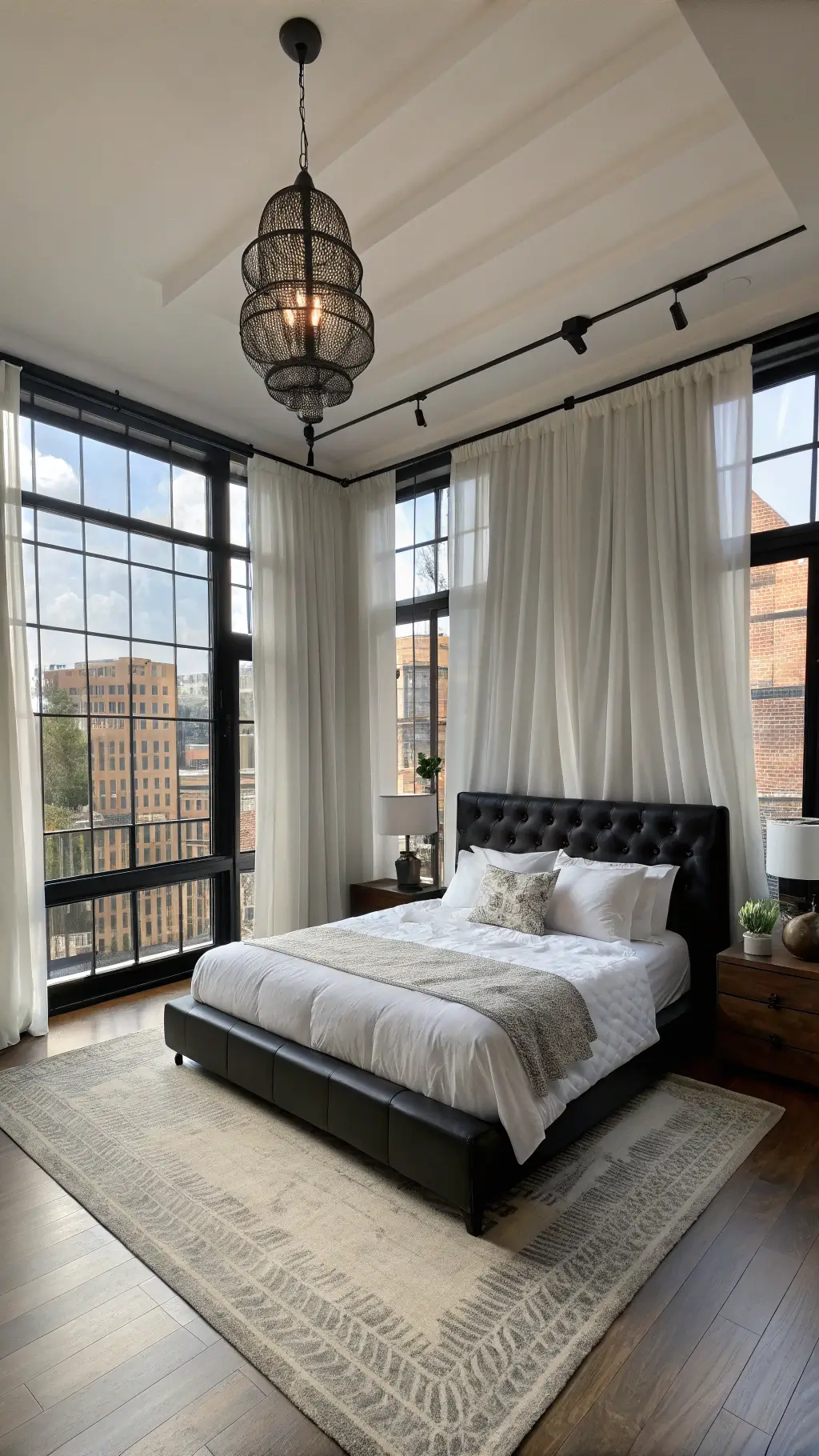 13x14ft urban chic bedroom with black steel-framed windows, floor-to-ceiling white curtains, black leather platform bed with white linen, and chrome smoked glass pendant lights in soft morning light.