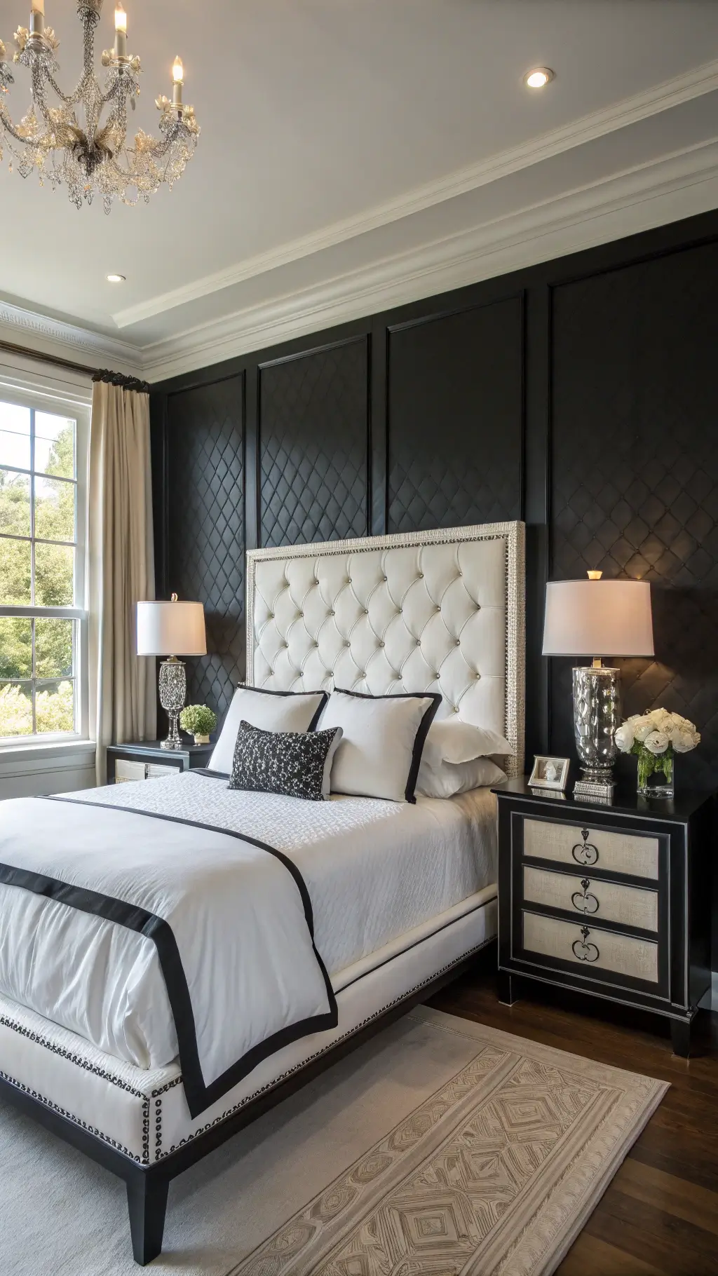 Classic master bedroom with black accent wall, white tufted headboard, layered white bedding, crystal table lamps, and glossy nightstands illuminated by midday window light