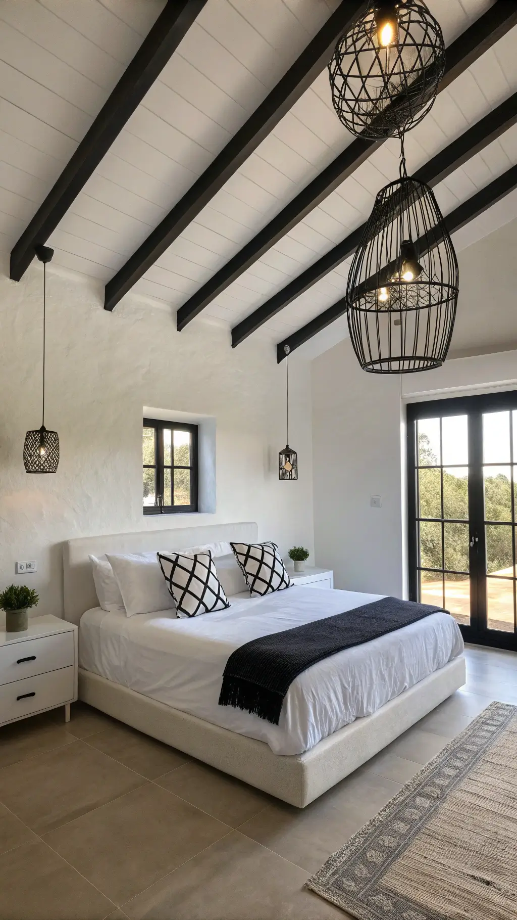 Modern minimalist bedroom with white walls, black ceiling beams, low-profile platform bed with geometric black accent pillows, and black metal pendant lights photographed at dawn from a low angle
