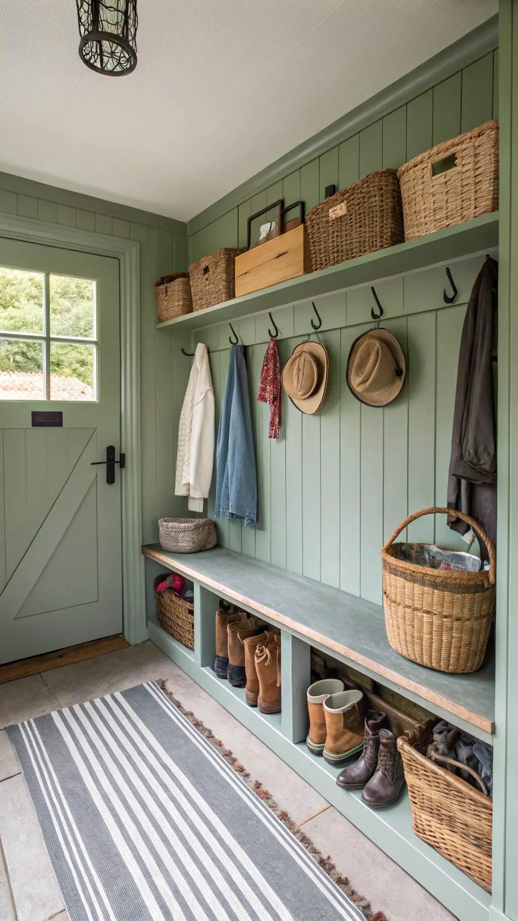 Cozy cottage mudroom with sage green beadboard walls, built-in bench with hooks displaying garden hats and vintage aprons, open shelving with gardening tools, slate flooring, and decorative botanical prints on walls.