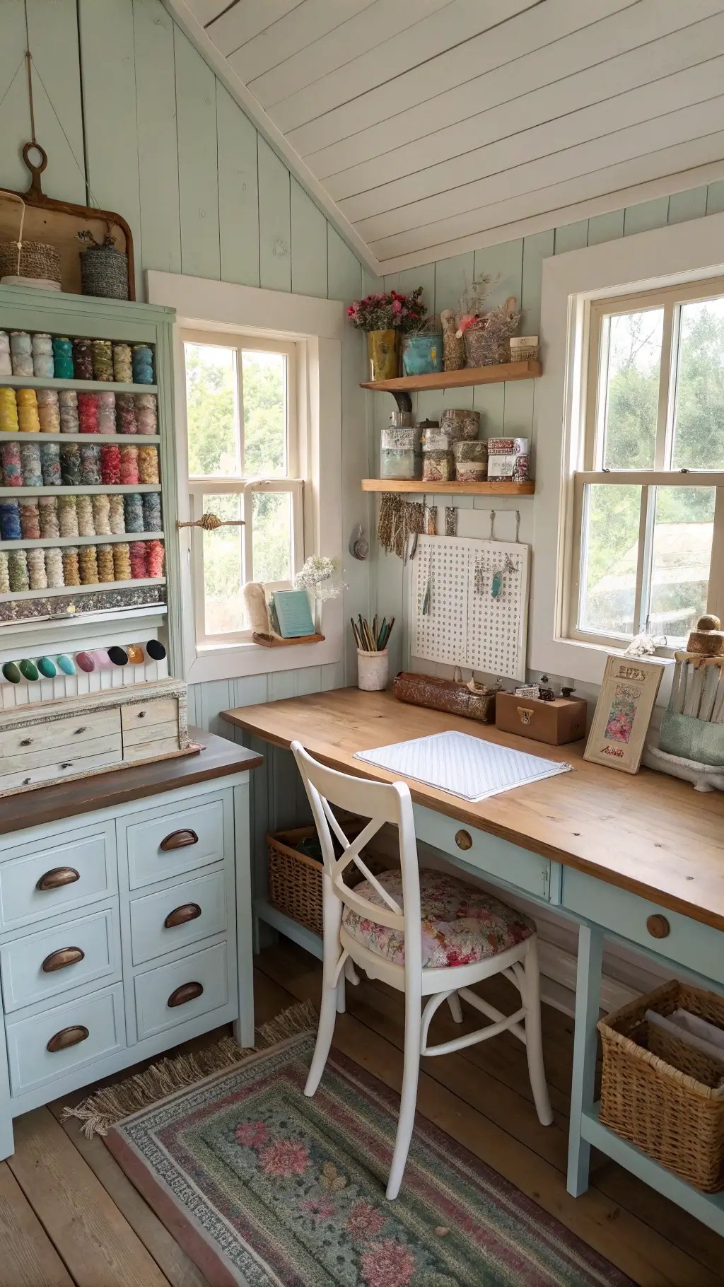 Cozy craft room in a cottage with diffused afternoon light illuminating a vintage desk, open shelving with fabric, antique dresser, pegboard wall, farmhouse chair and a braided rug.