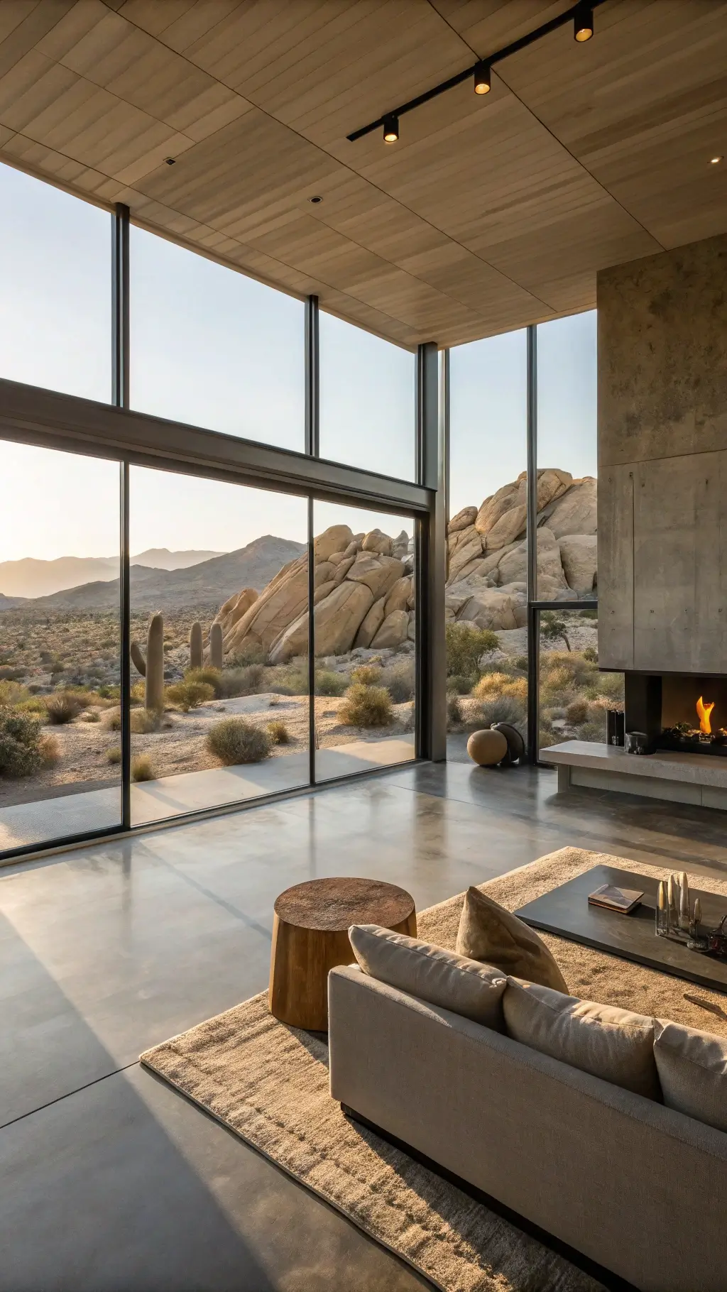 Modern open-plan living space in Joshua Tree Desert with floor-to-ceiling windows framing boulders, polished concrete floors with dramatic shadows from late afternoon sun, minimalist furniture in earth tones, and floating steel fireplace.