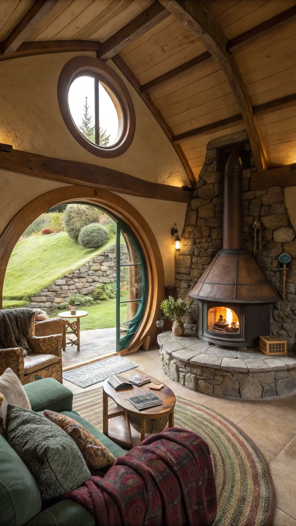 Cozy hobbit house living room built into a hillside with wooden beams, stone fireplace, vintage furniture, and a round doorway overlooking a garden illuminated by warm practical lighting.