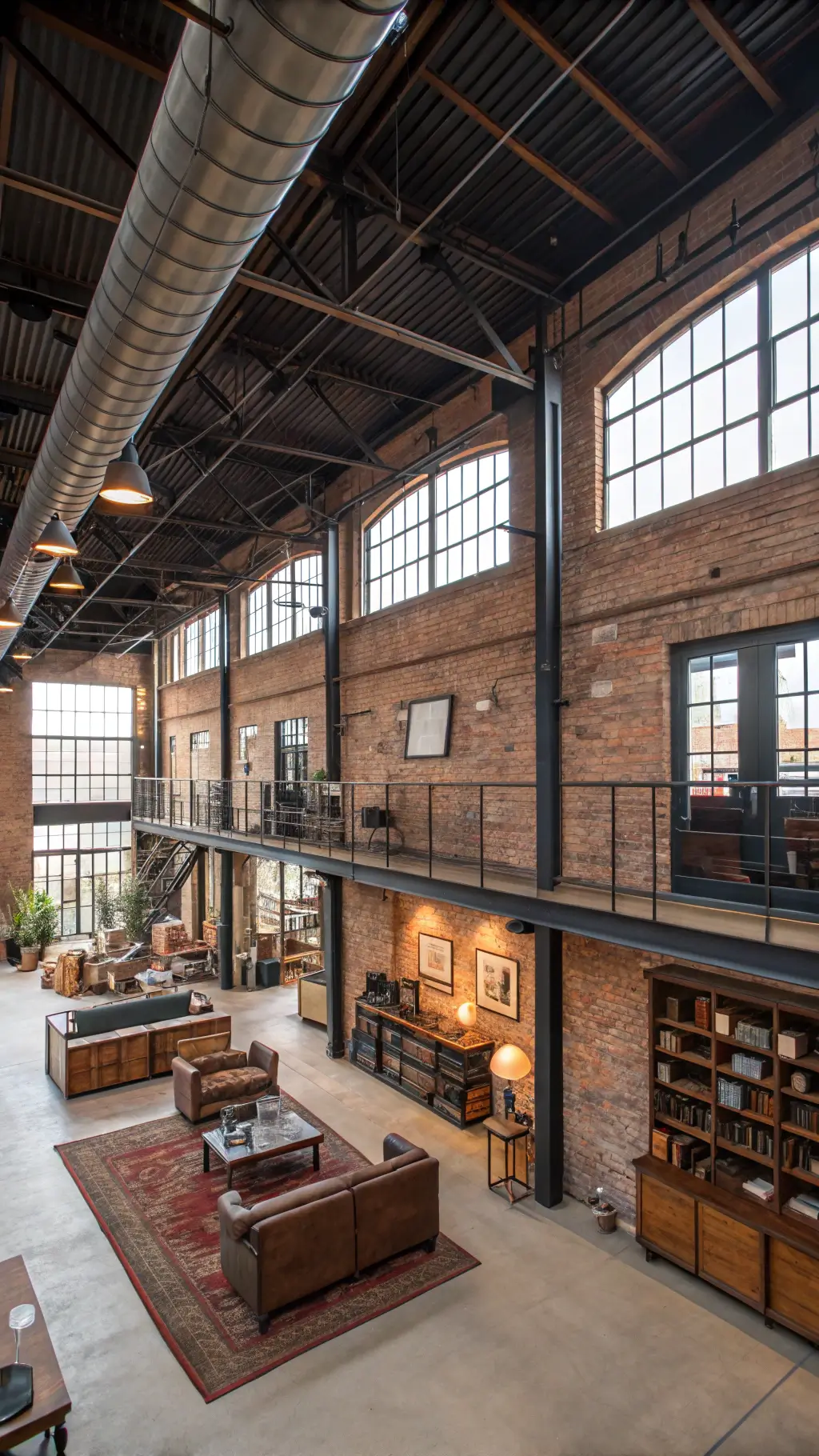 Spacious repurposed industrial loft with original brick walls, steel beams, large factory windows, vintage furniture, and original machinery artfully preserved.