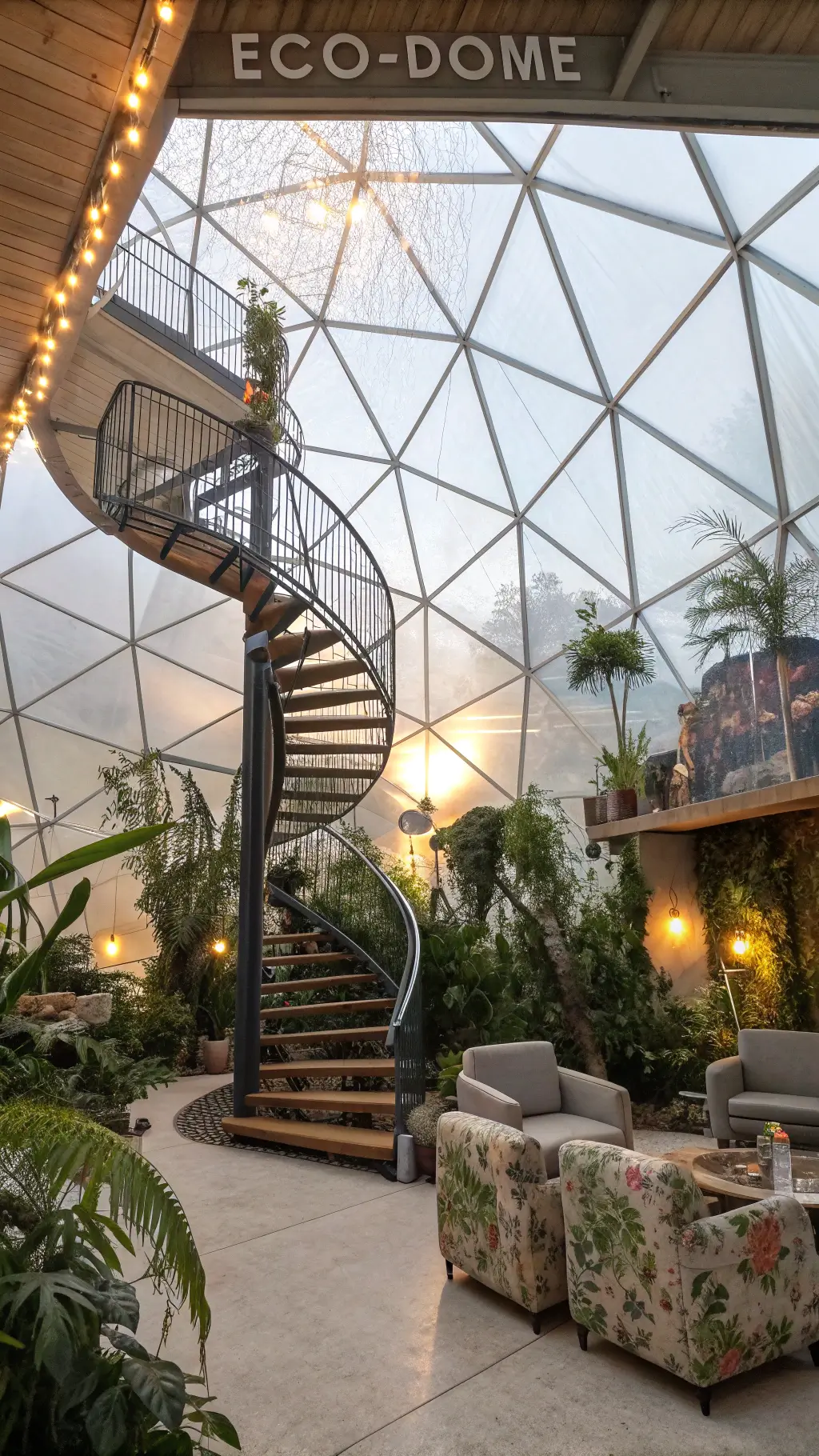 Prismatic morning sunlight illuminating a 35ft geodesic dome greenhouse with a central spiral staircase, surrounded by tropical plants and modern botanical print furniture, depicted from an upper level perspective, enhanced by grow lights for an otherworldly atmosphere.