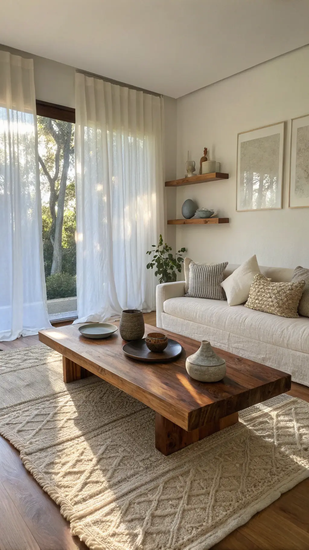 Serene living room bathed in golden sunlight through sheer linen curtains, featuring a walnut coffee table, ceramic vessels on oak shelves, a textured wool rug with linen floor cushions, and warm limestone white walls shot from corner view for depth and texture representation.