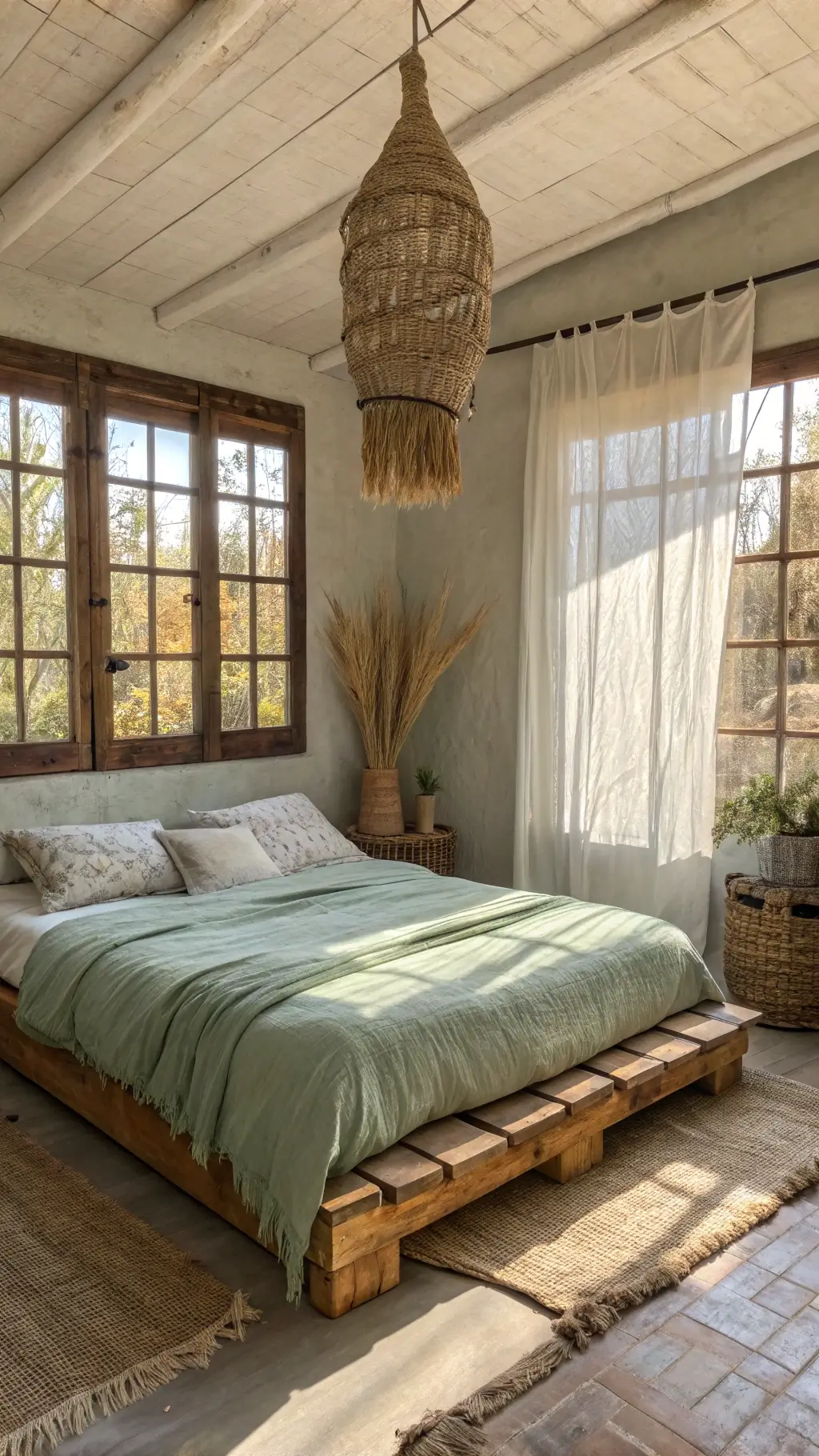 Small, cozy bedroom at dawn with soft light illuminating a reclaimed timber bed dressed in rumpled green linen, framed by weathered clay pots with dried pampas grass, a handwoven bamboo pendant, and a raw silk wall hanging, with a focus on natural colors and textures.