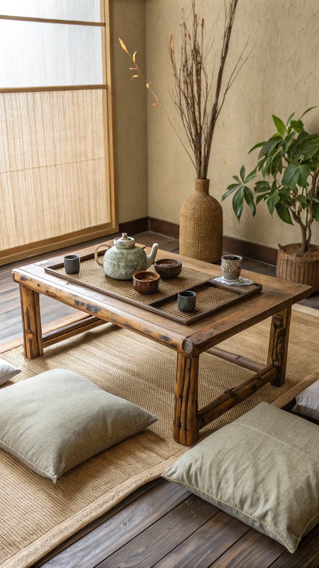 Contemplative tea corner with aged bamboo table, raw silk cushions, a handmade ceramic tea set and dried botanicals in crackled pottery, bathed in soft morning light.
