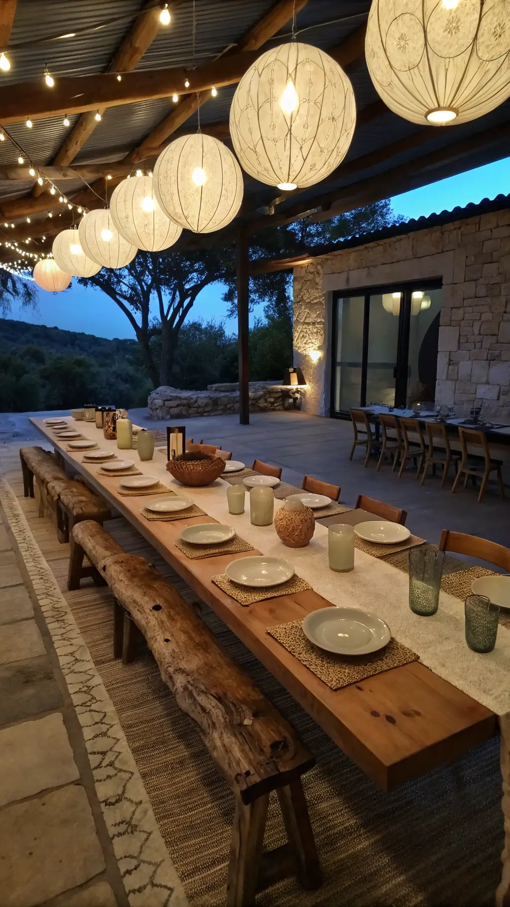 Dusk-lit spacious dining space with ambient lighting from paper lanterns, long communal table made of live-edge oak, vintage ceramic plates in neutral tones, casual linen table runner, and stone feature wall with natural patina, captured with a 35mm lens from a slight elevation.