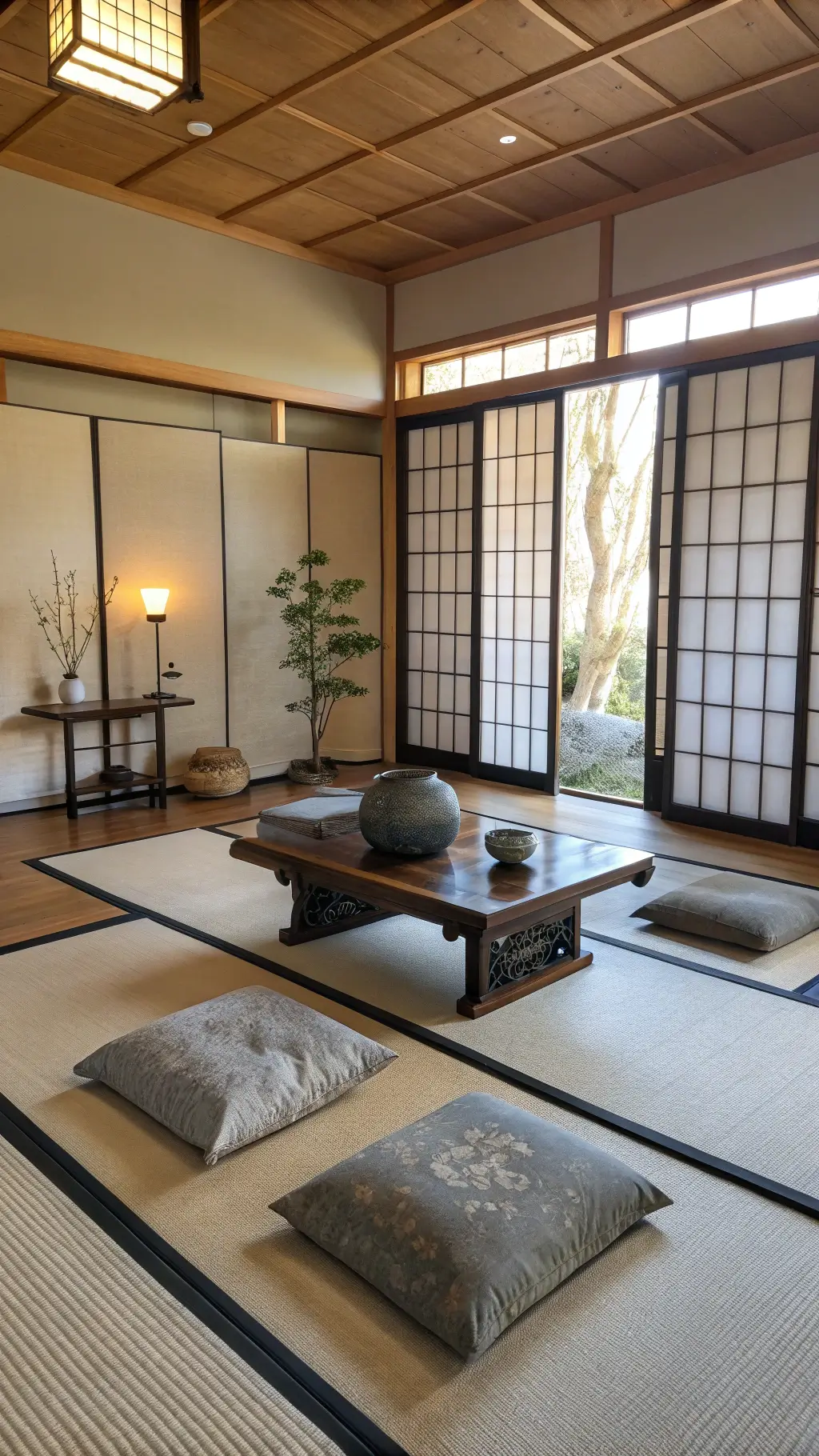 Minimalist mediation room with tatami mats, blackened wood altar table, gray silk meditation cushions and shoji screens capturing early morning light at ground level shot.