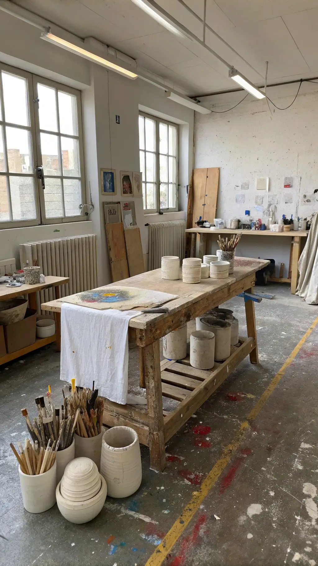 Artist's studio with paint-splattered floors, a raw wood workbench, handmade brushes in ceramic holders, and draped linen canvases, captured in bright, even midday lighting