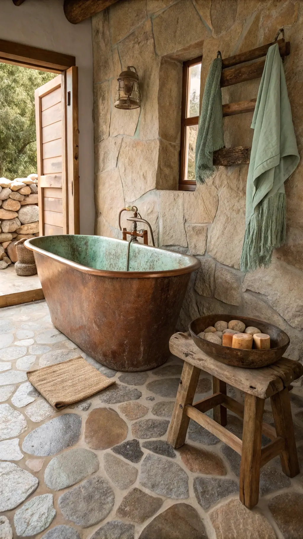 Tranquil bathroom with freestanding copper tub, rough stone flooring, unfinished wooden stool with soap dishes, and earth-toned linen towels, captured at eye level with natural, soft lighting.
