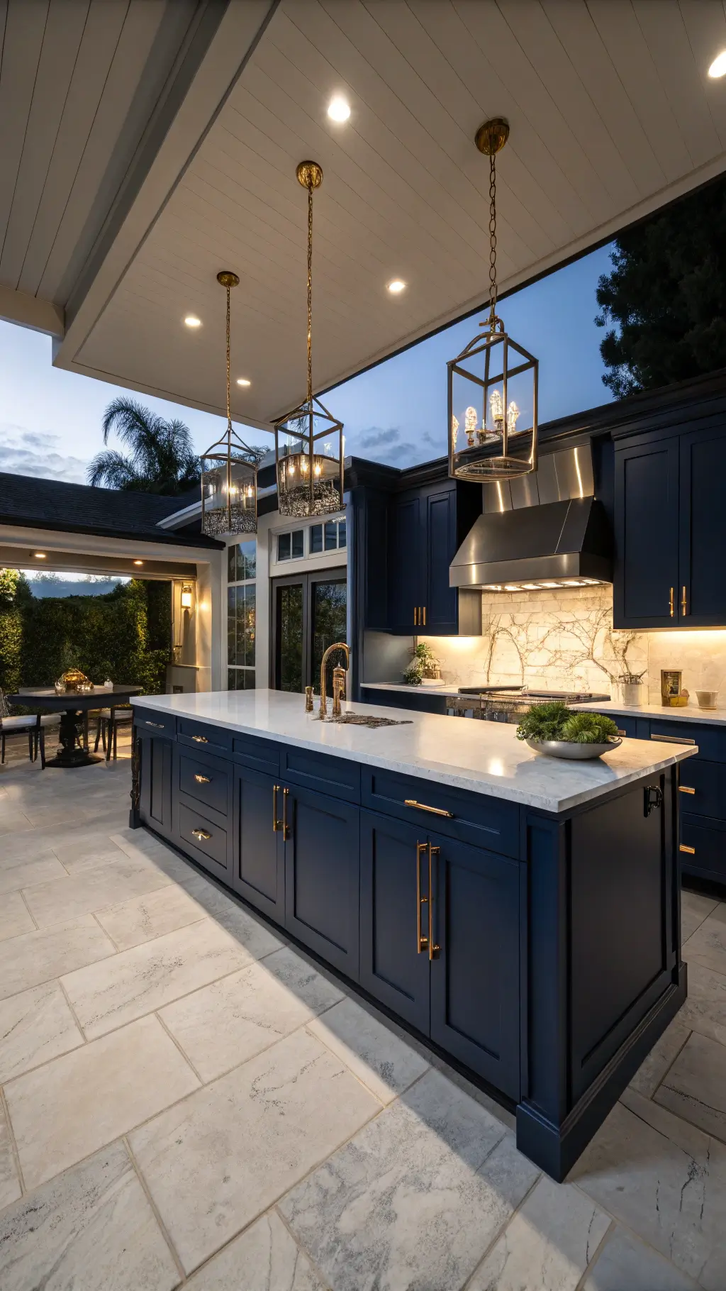 Elegant dusk-lit kitchen featuring navy blue cabinets with brass hardware, black stainless steel appliances, high ceilings with crown molding, and an oversized white quartzite island, professionally styled for sophisticated ambiance.