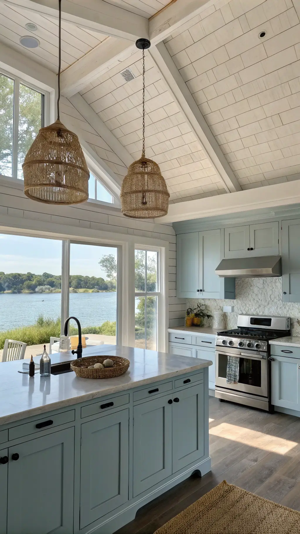 Spacious coastal kitchen with blue-gray cabinets, black stainless steel appliances, vaulted ceiling with whitewashed beams, and a wall of windows overlooking the water, viewed from the dining area.