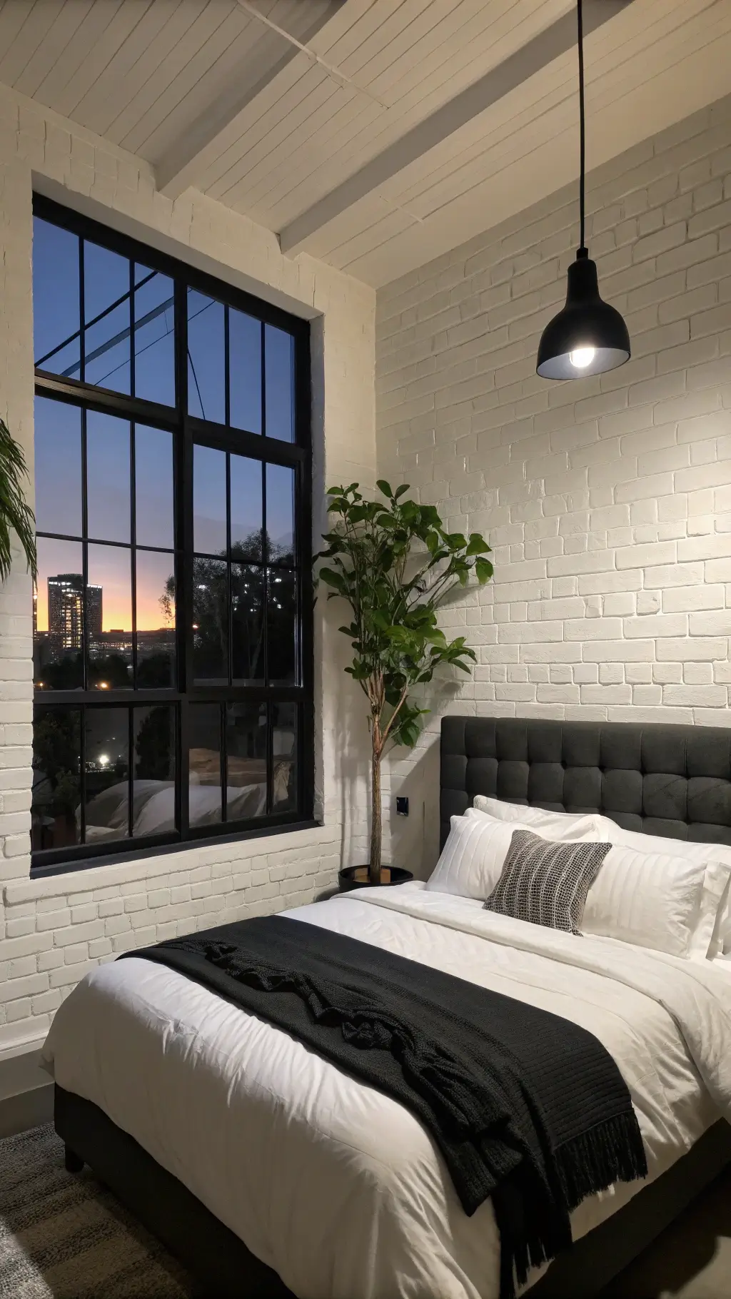 Queen bed with black tufted headboard in a bedroom with white brick wall, black windows, modern pendant light, and a potted fiddle leaf fig at dusk