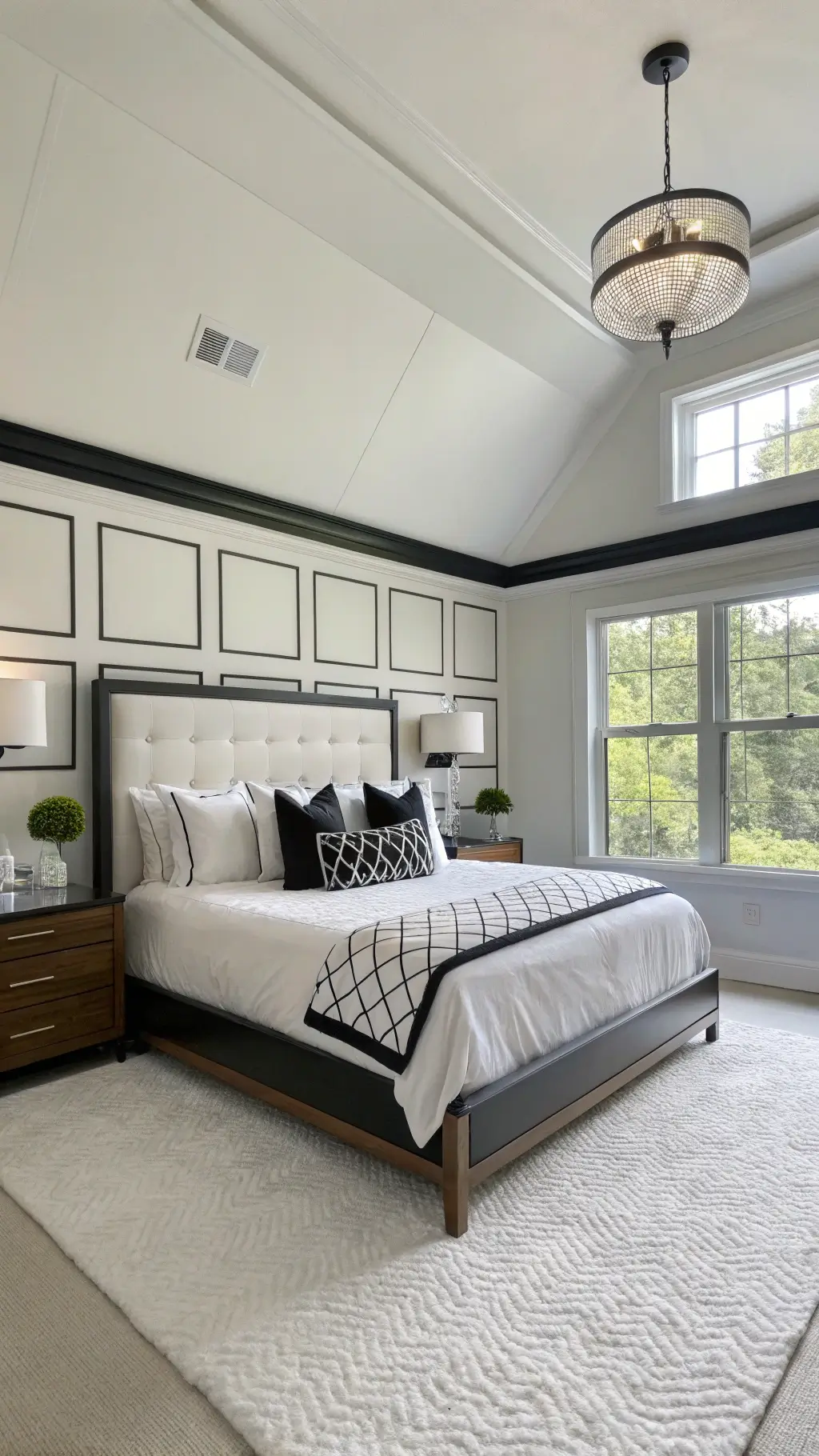 Sunlit master bedroom with white oak platform bed, chrome fixtures and contrasting black and white decor