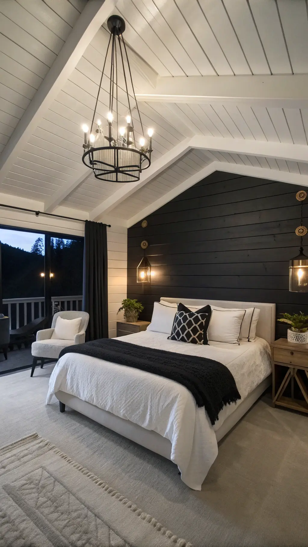 Twilight in a spacious contemporary bedroom featuring black shiplap wall, white ceiling beams, a California king bed with white linens, pair of white bouclé chairs in reading nook, black chandelier with Edison bulbs, and white drapes filtering blue hour light.