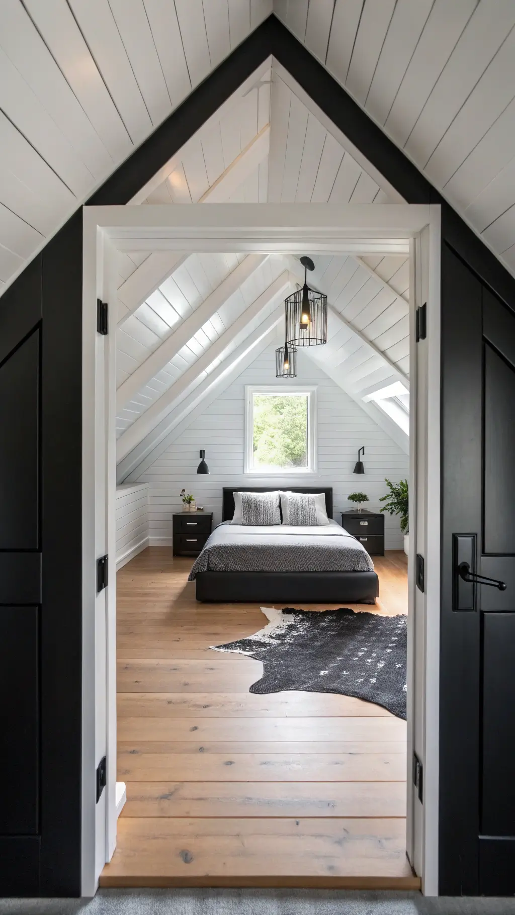 Minimalist attic bedroom with monochrome bedding, black accent walls, white-painted exposed beams, and track lighting, adorned with a cowhide rug, shot from a doorway.