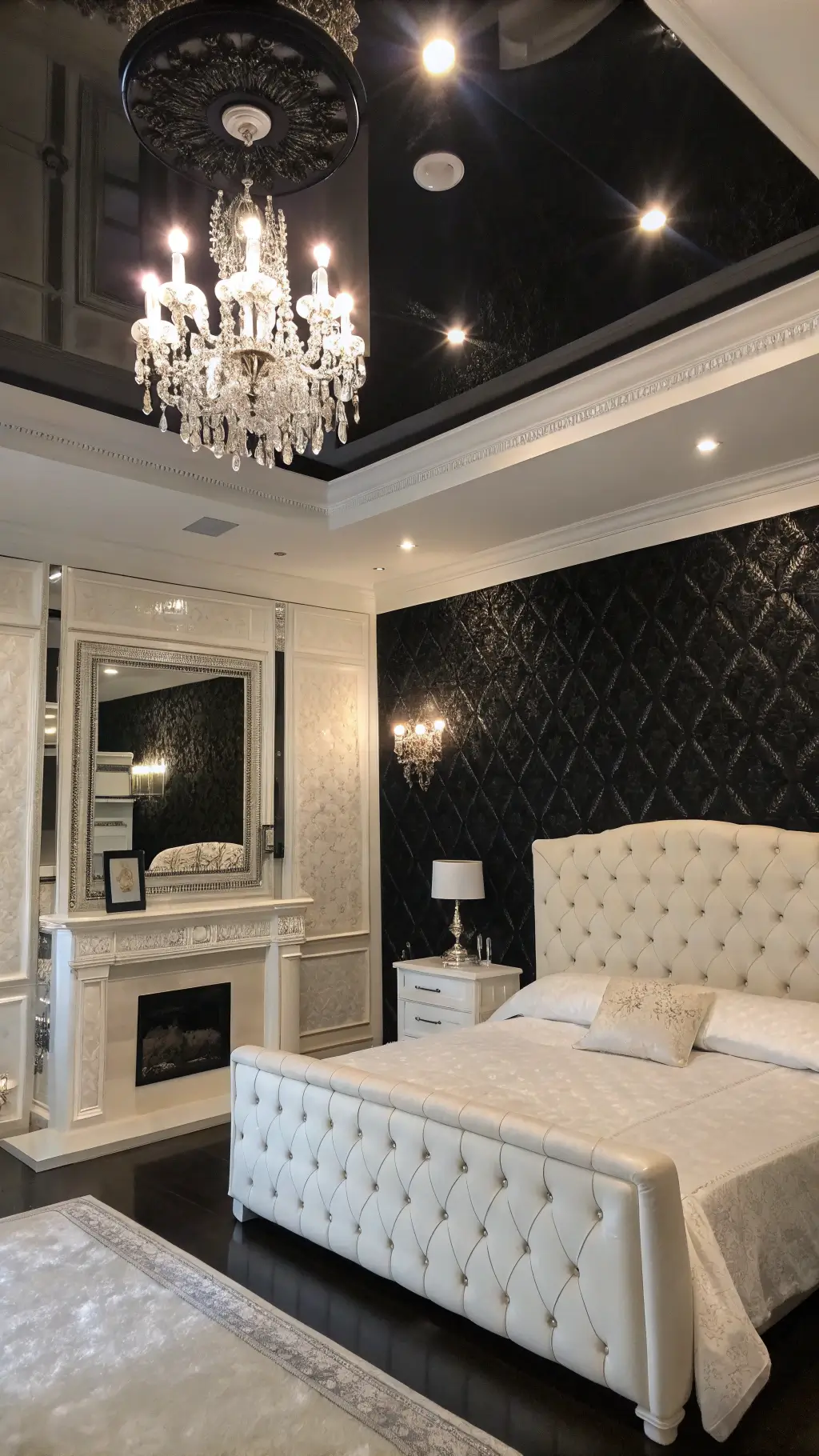 Luxury hotel-style bedroom with high gloss black ceiling reflecting white walls, tufted white velvet headboard, crystal chandelier, mirror-topped nightstands with lamps, and black marble fireplace, captured at a low angle under dramatic side lighting at midnight