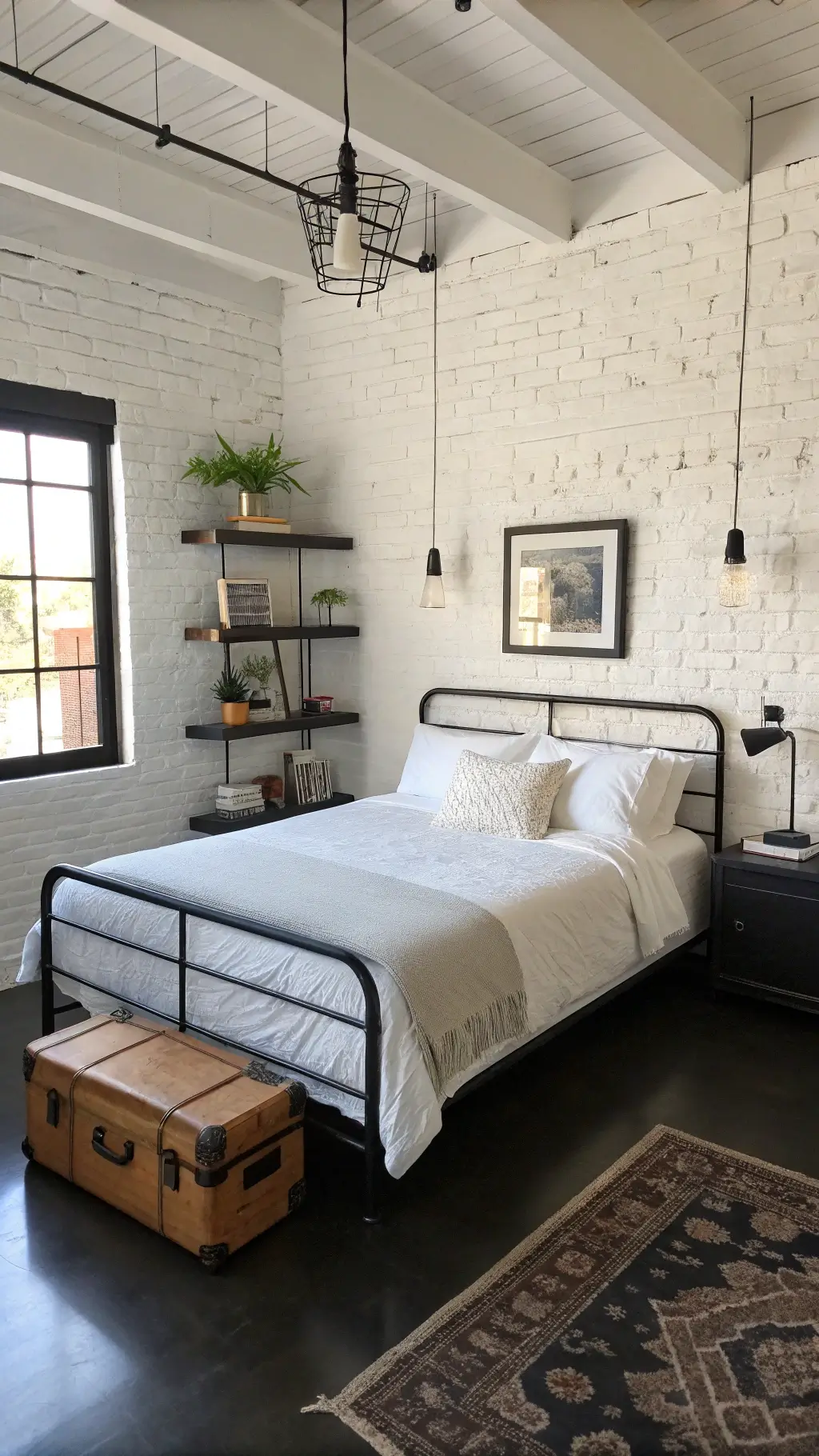 Bright industrial-style bedroom with white brick walls, black concrete floors, and queen bed with black steel frame, illuminated by asymmetrical pendant lights, decorated with monochrome art on floating shelves and a vintage trunk serving as a nightstand.